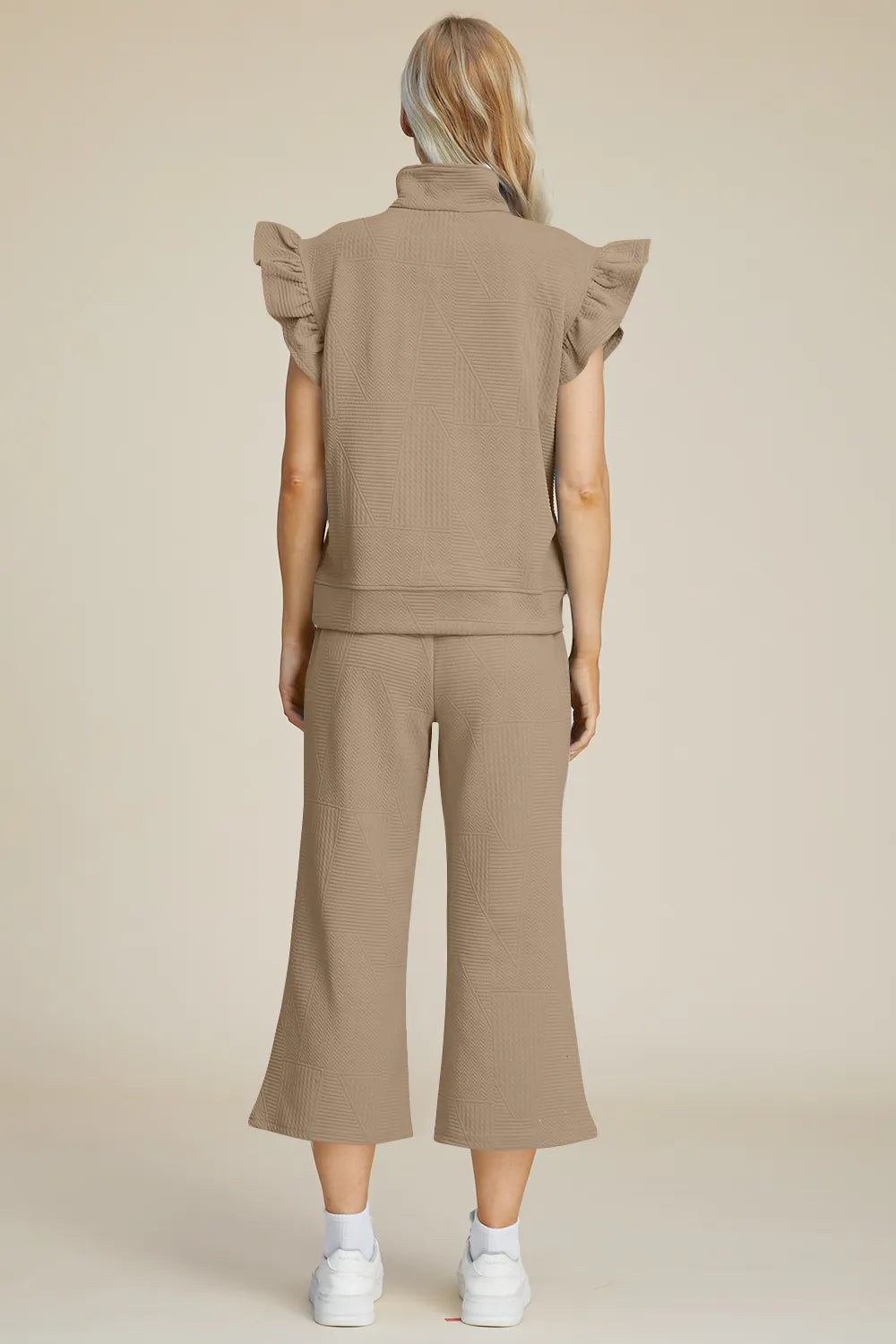 Double Take Full Size Texture Ruffle Short Sleeve Top and Wide Leg Pants Set, view 17