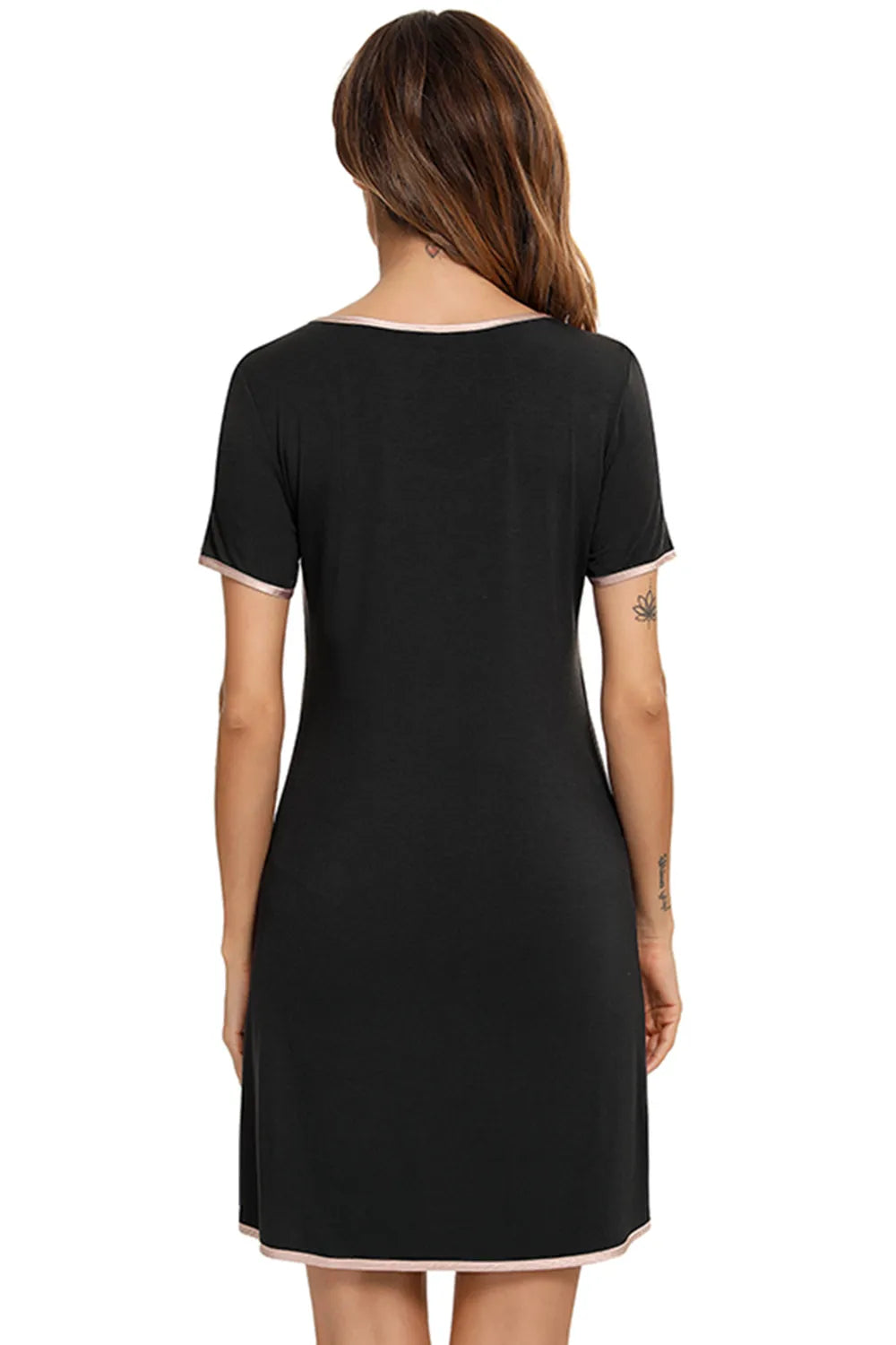 Contrast Trim Pocketed Round Neck Lounge Dress - Lilixa.store