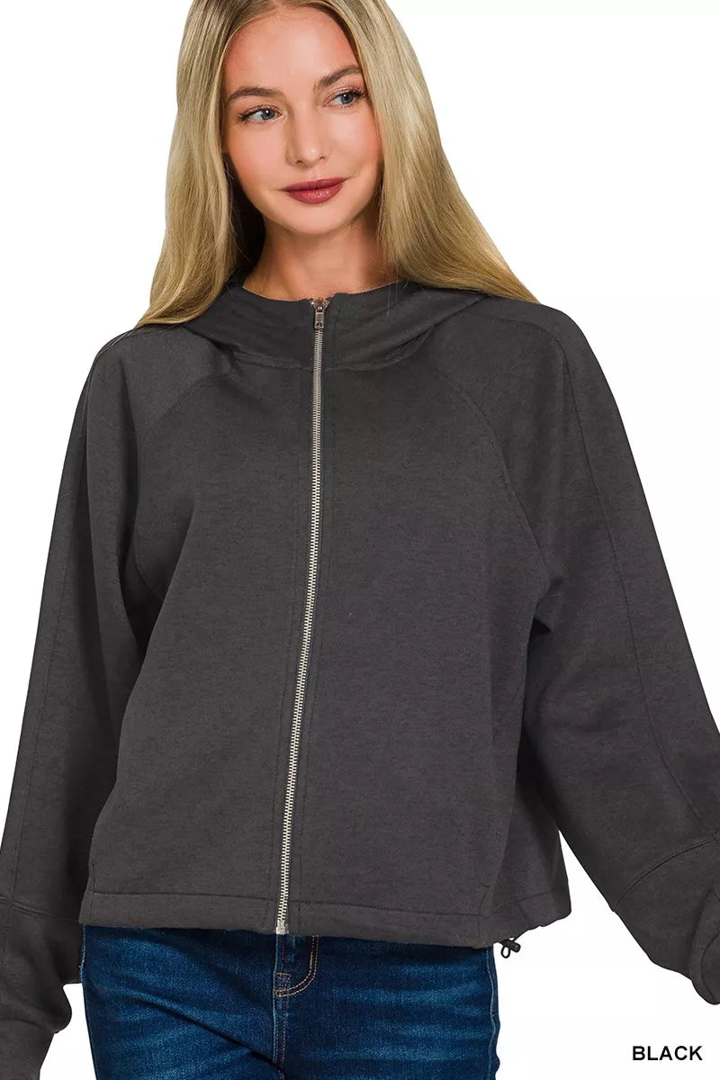 Zenana Soft Scuba Full Zip Hoodie Jacket in Black