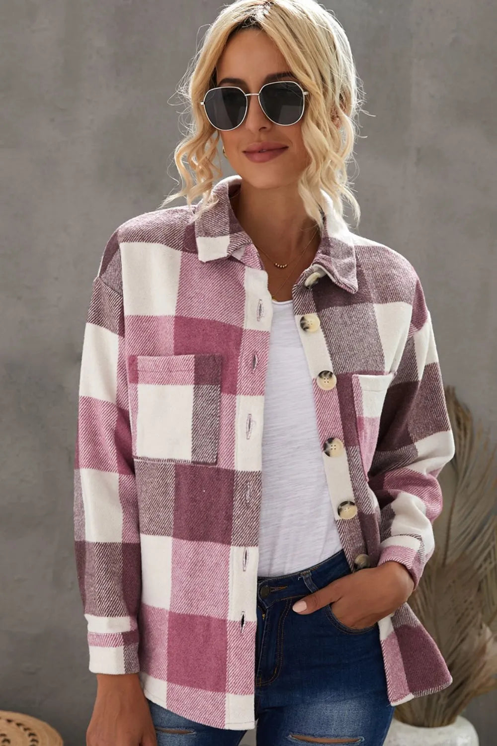 Plaid Button Up Dropped Shoulder Jacket in Dusty Pink