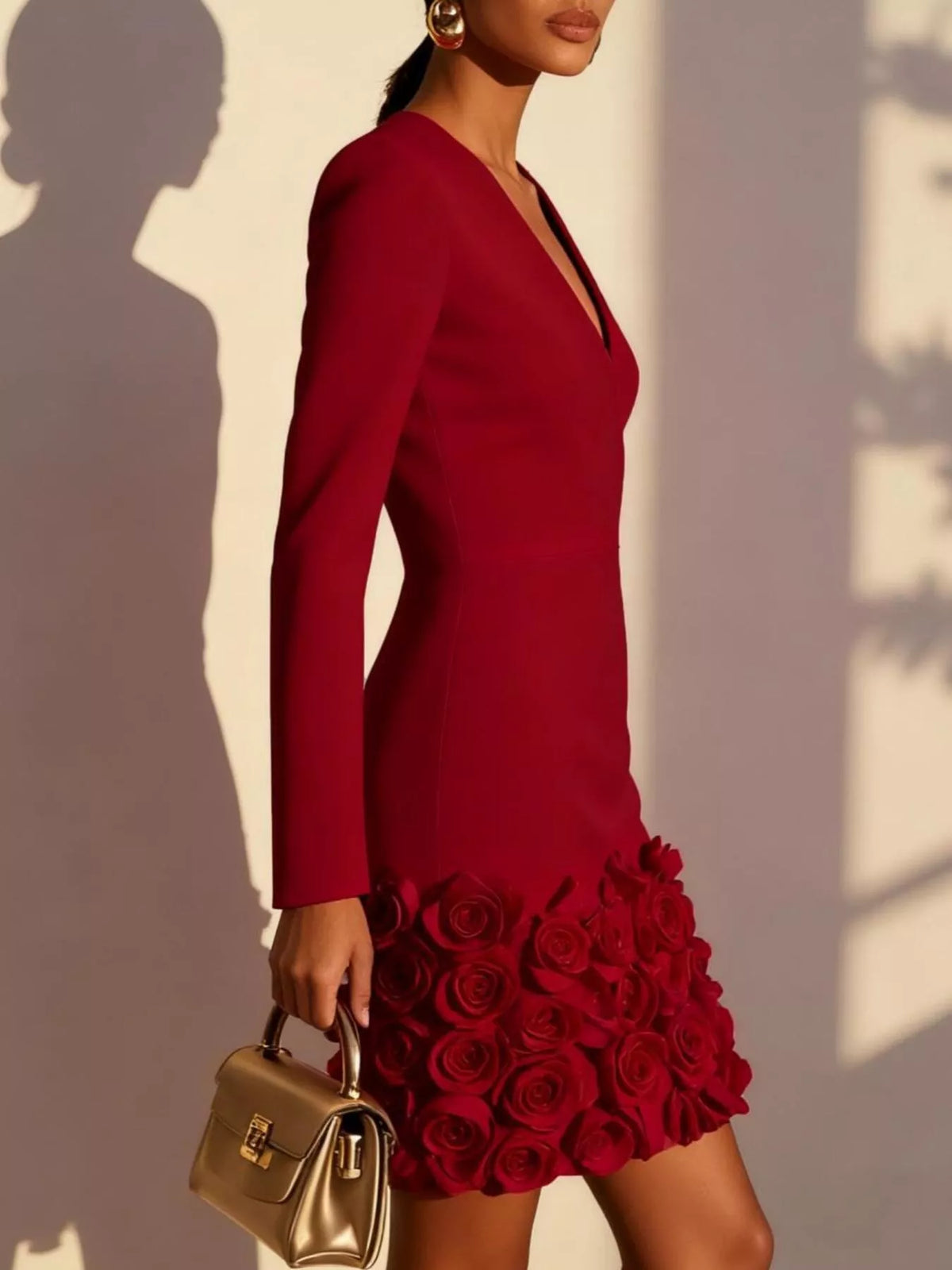 V-Neck Long Sleeve Mini Dress with 3D Rose Floral Hem, view 8