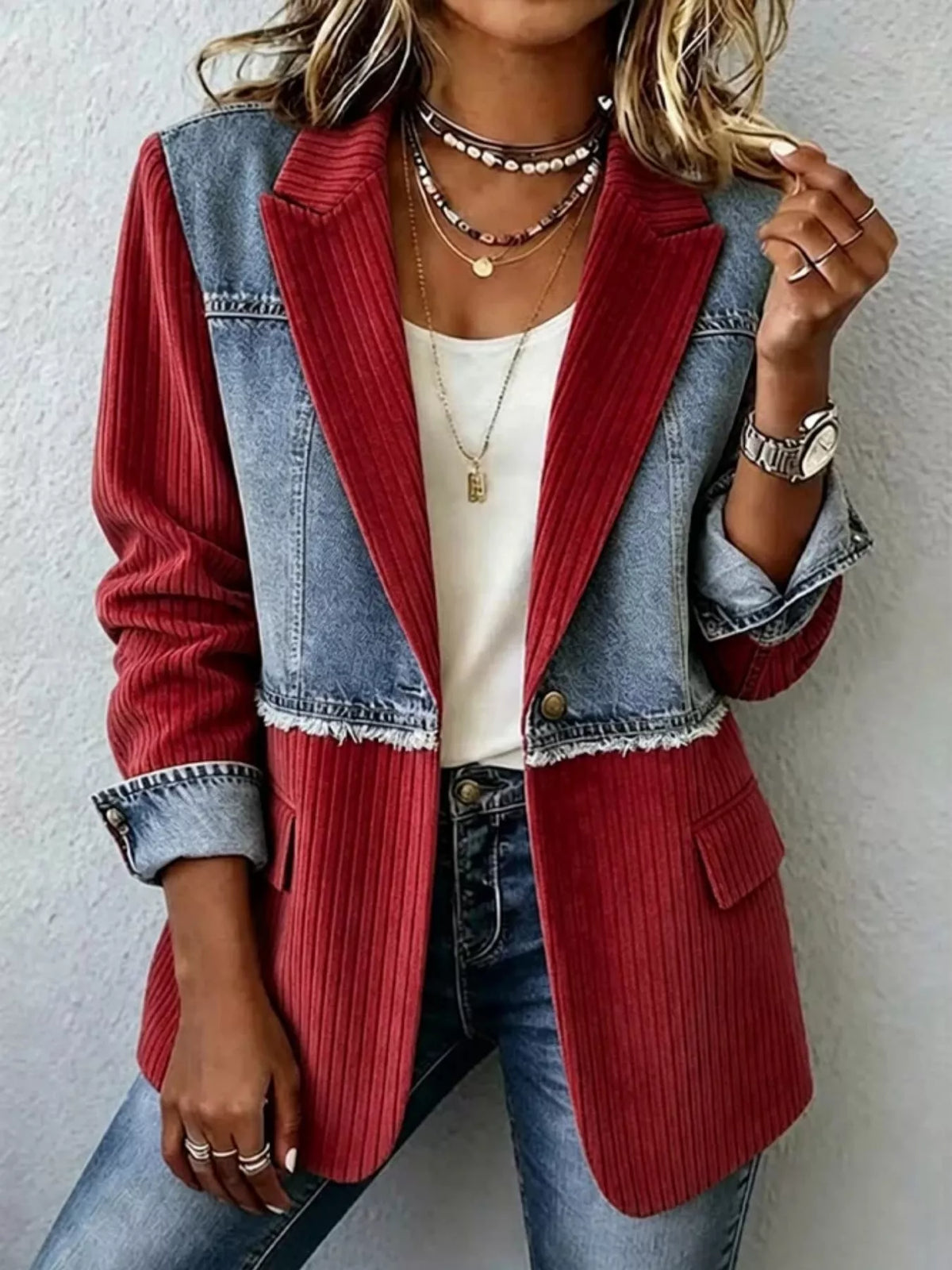 Full Size Patchwork Denim Ribbed Blazer Plus Size - Lilixa.store