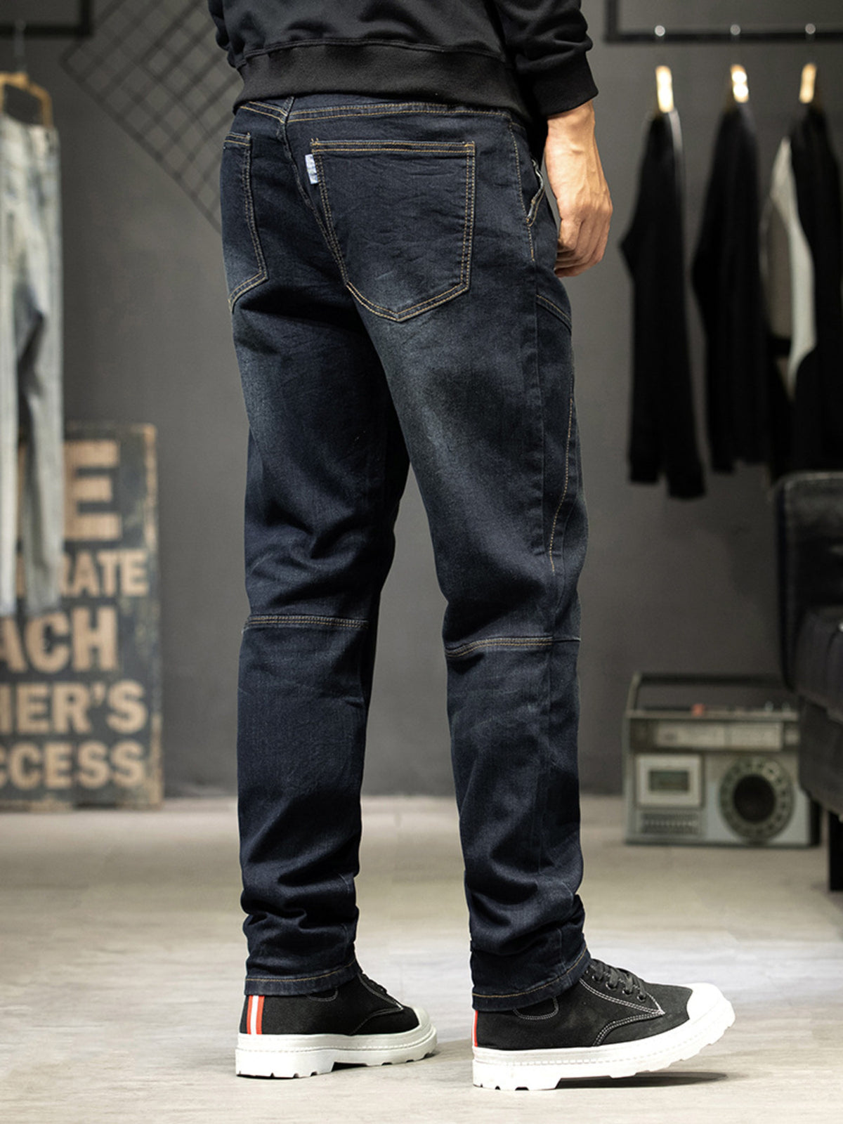 Men's Slim-Fit Paneled Washed Jeans in Black, view 3