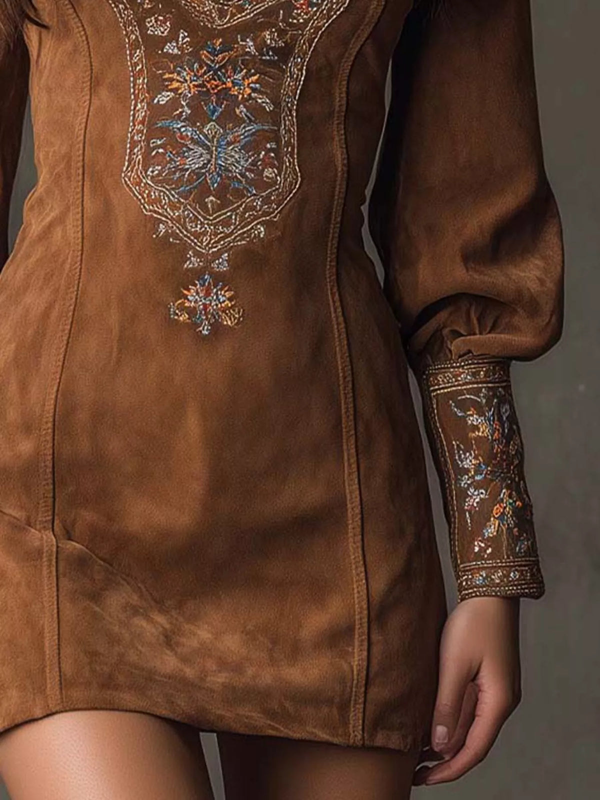 Embroidered Lantern Sleeve Mini Dress