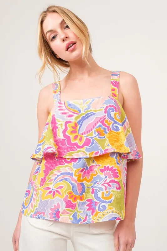And The Why Square Neck Tiered Paisley Printed Top - Lilixa.store