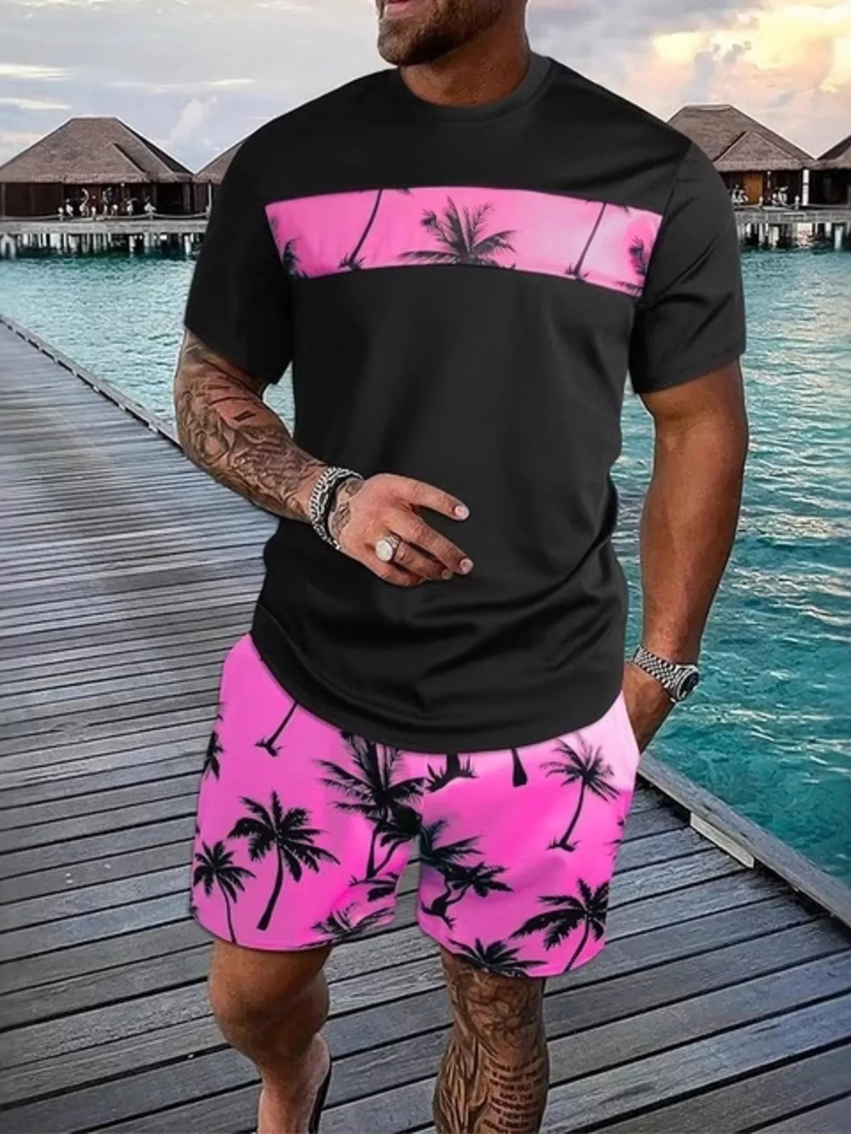 Men's Full Size Tropical Palm Tree Tee and Shorts Set Plus Size - Lilixa.store