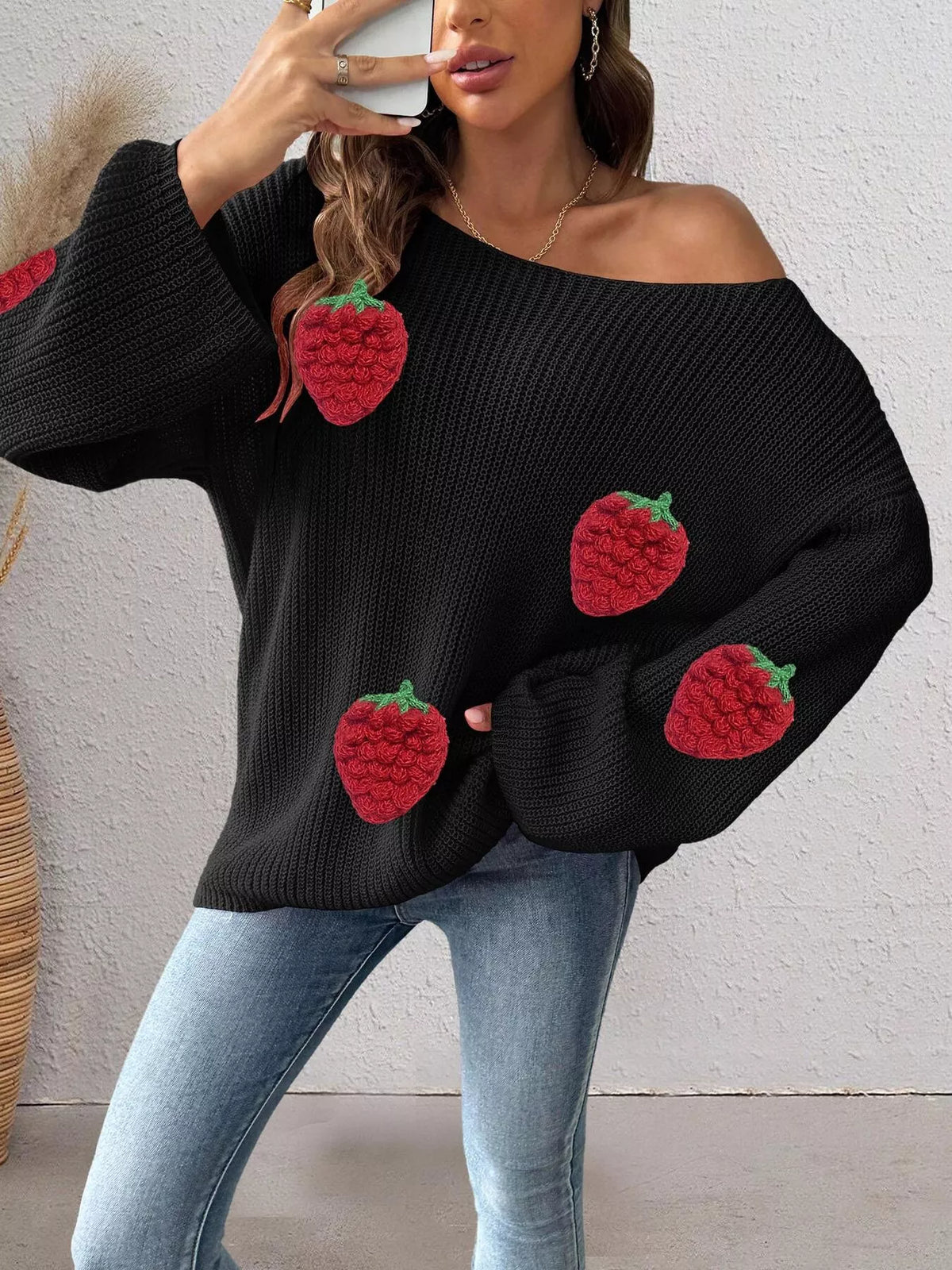 Strawberry Applique Oversized Sweater