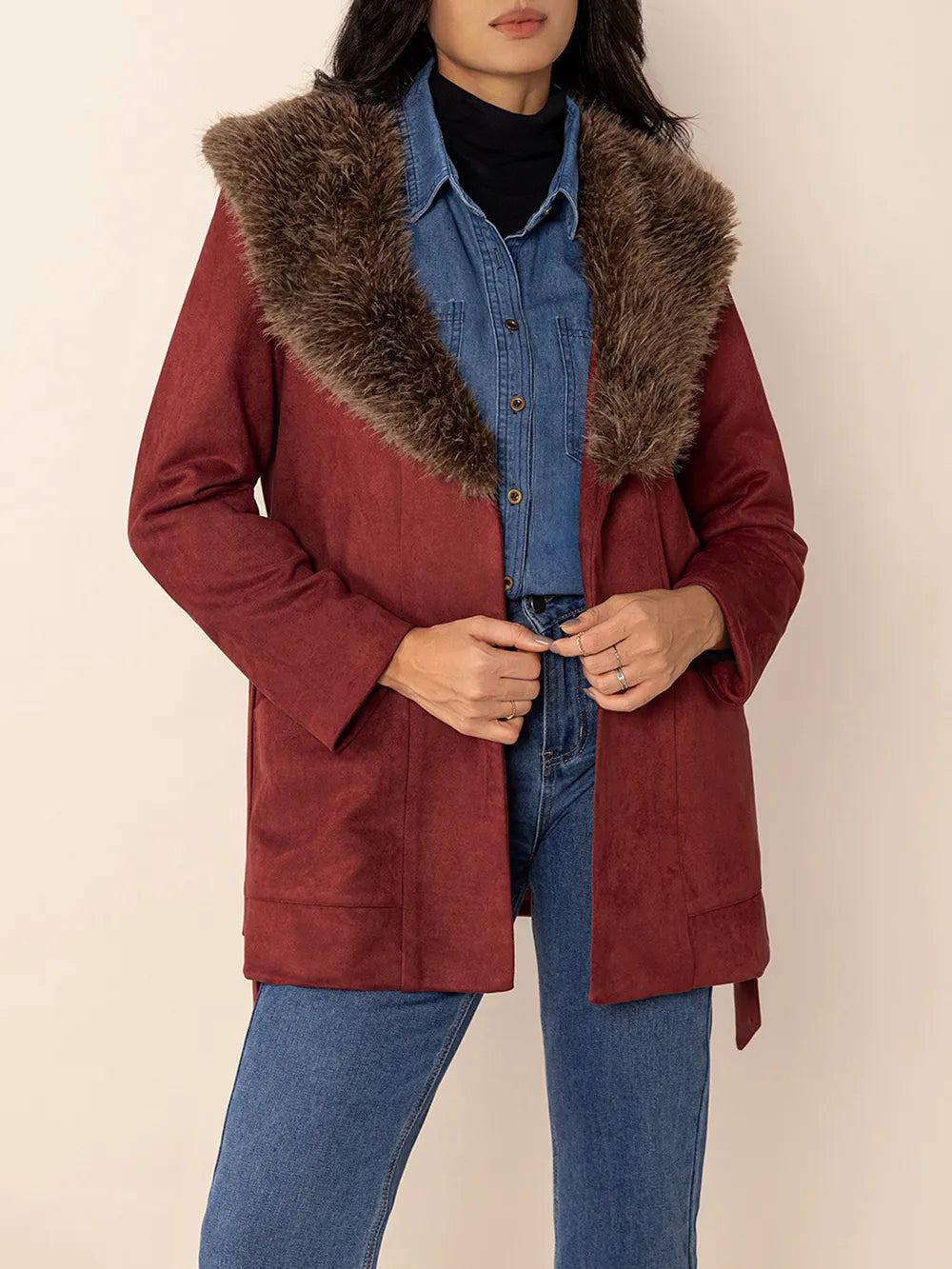 Fuzzy Collared Neck Tie Waist Jacket in Burgundy, view 4