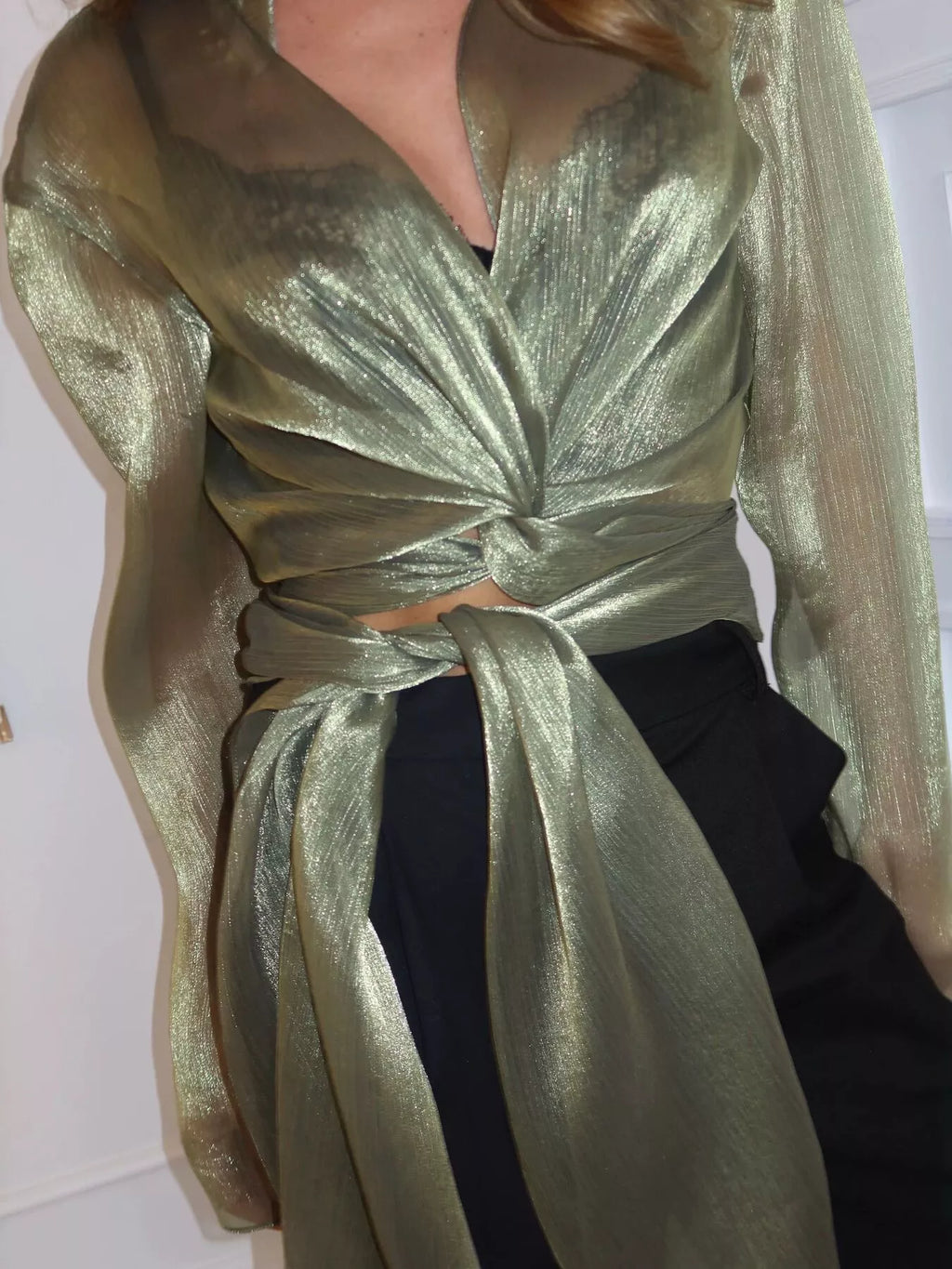 Sheer Front Tie Detail Long Sleeve Shirt - Lilixa.store