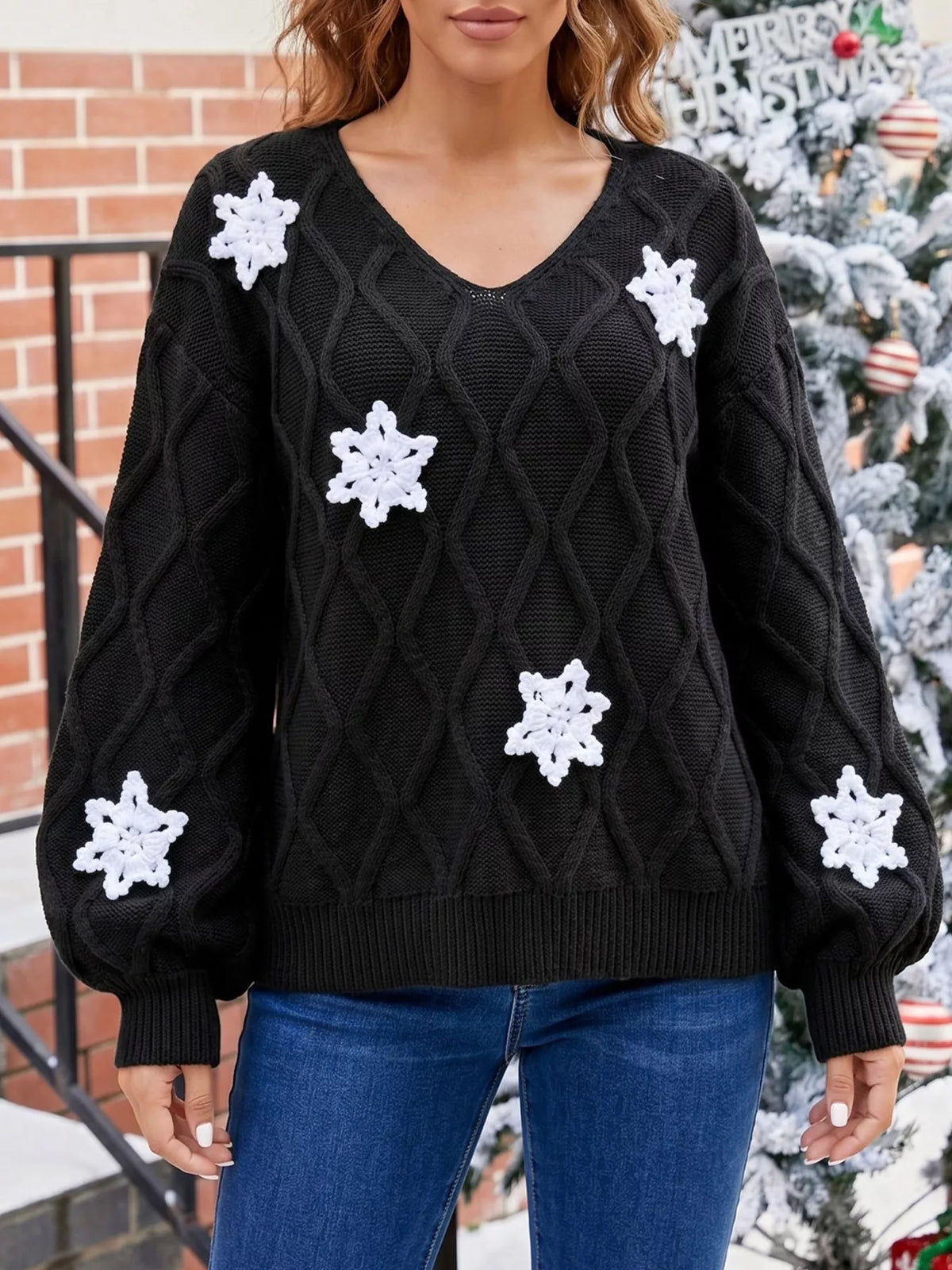 Snowflake Textured V-Neck Sweater - Lilixa.store