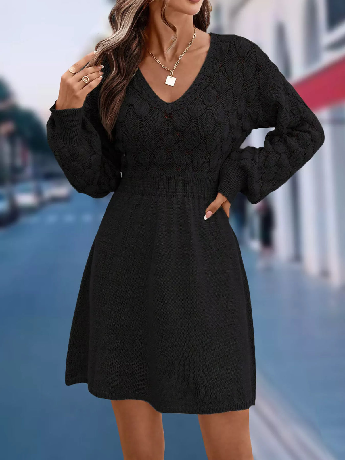 V-Neck Long Sleeve Sweater Dress, view 6