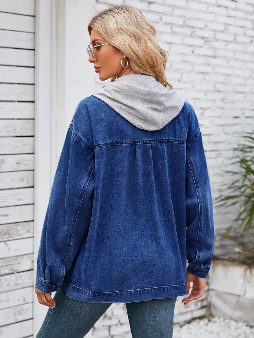 Pocketd Button Up Detachable Hooded Denim Jacket, view 4