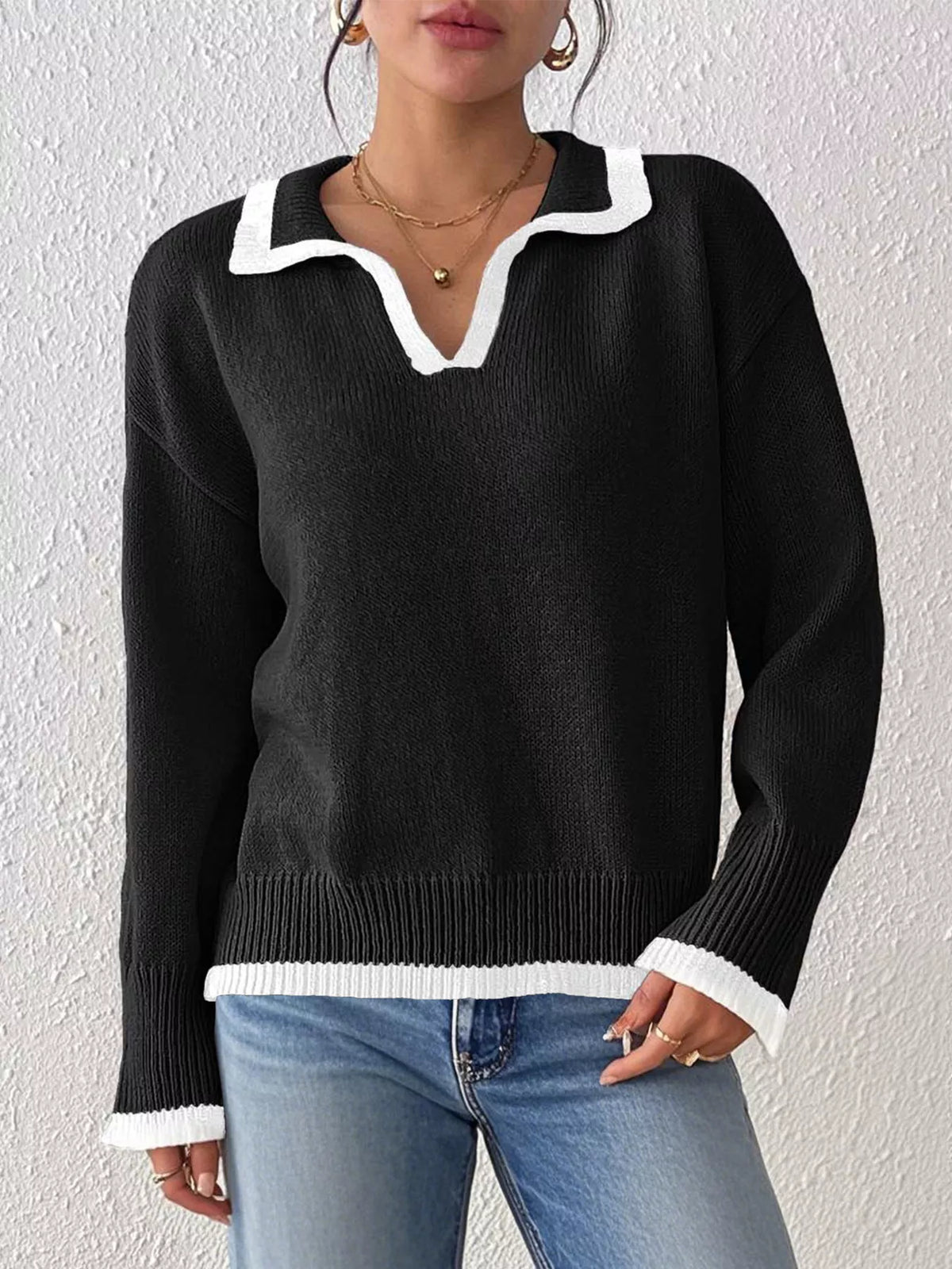 Contrast Trim Polo Collar Sweater - Lilixa.store