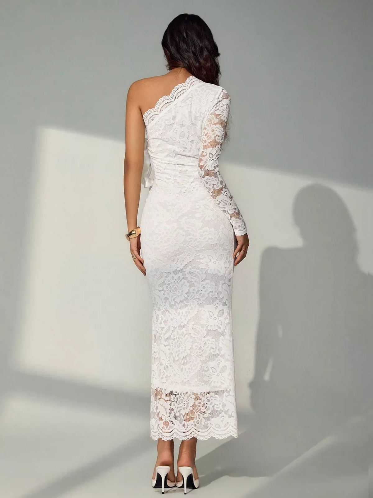 One-Shoulder Lace Cut-Out Midi Dress in White, view 3