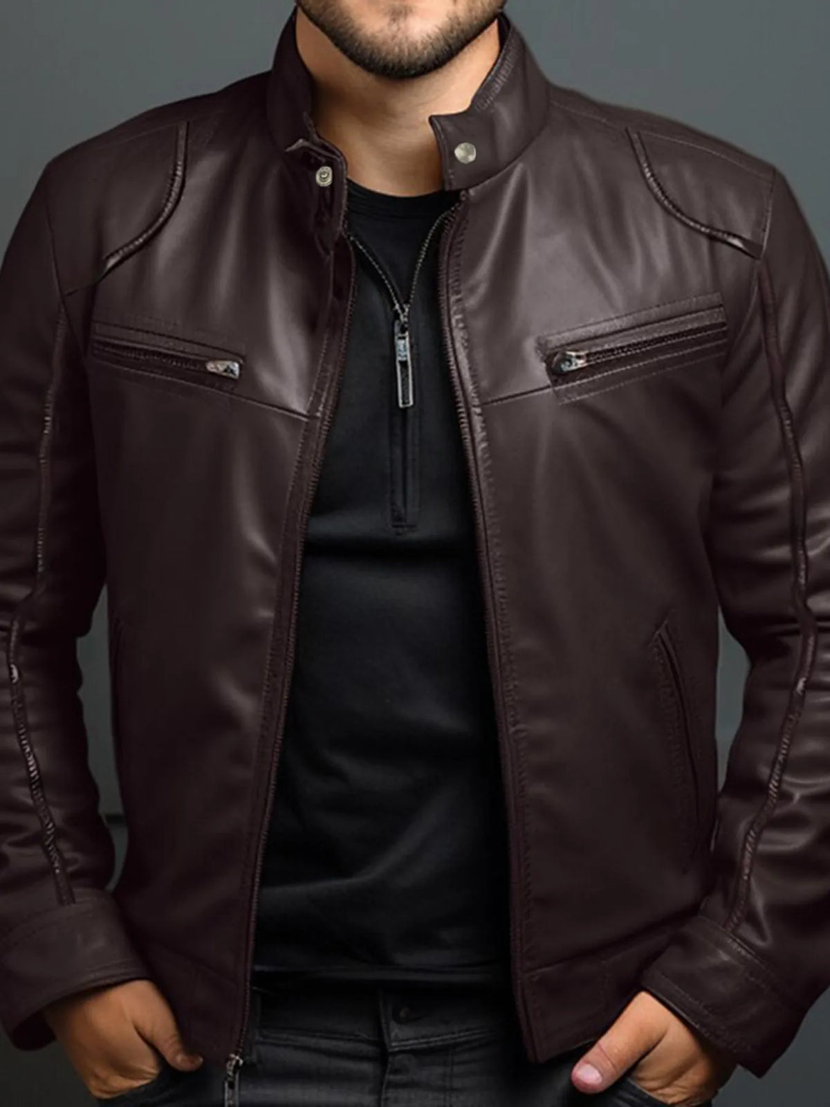 Men's Full Size Leather Motorcycle Jacket with Zipper Front Plus Size in Brown