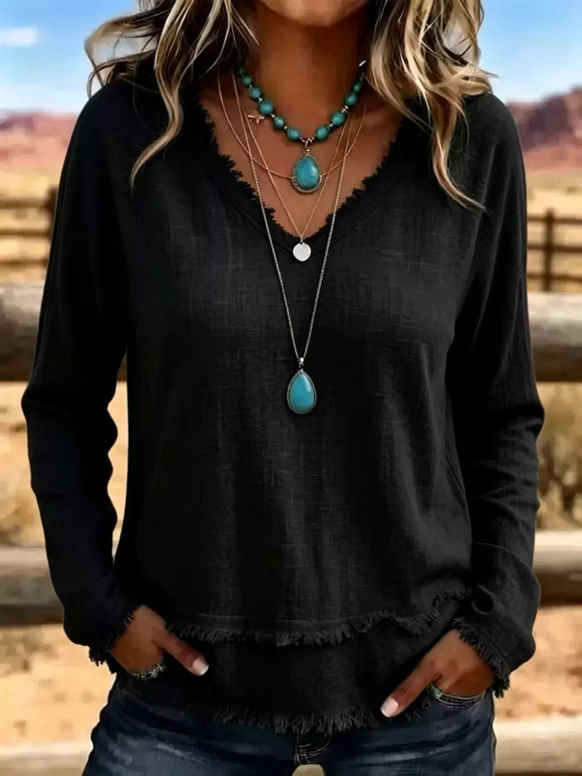 V-Neck Frayed Hem Long Sleeve T-Shirt - Lilixa.store