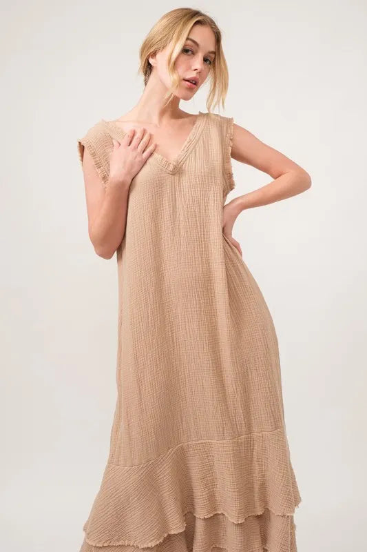 And The Why Washed Fringe Detail Tiered Dress