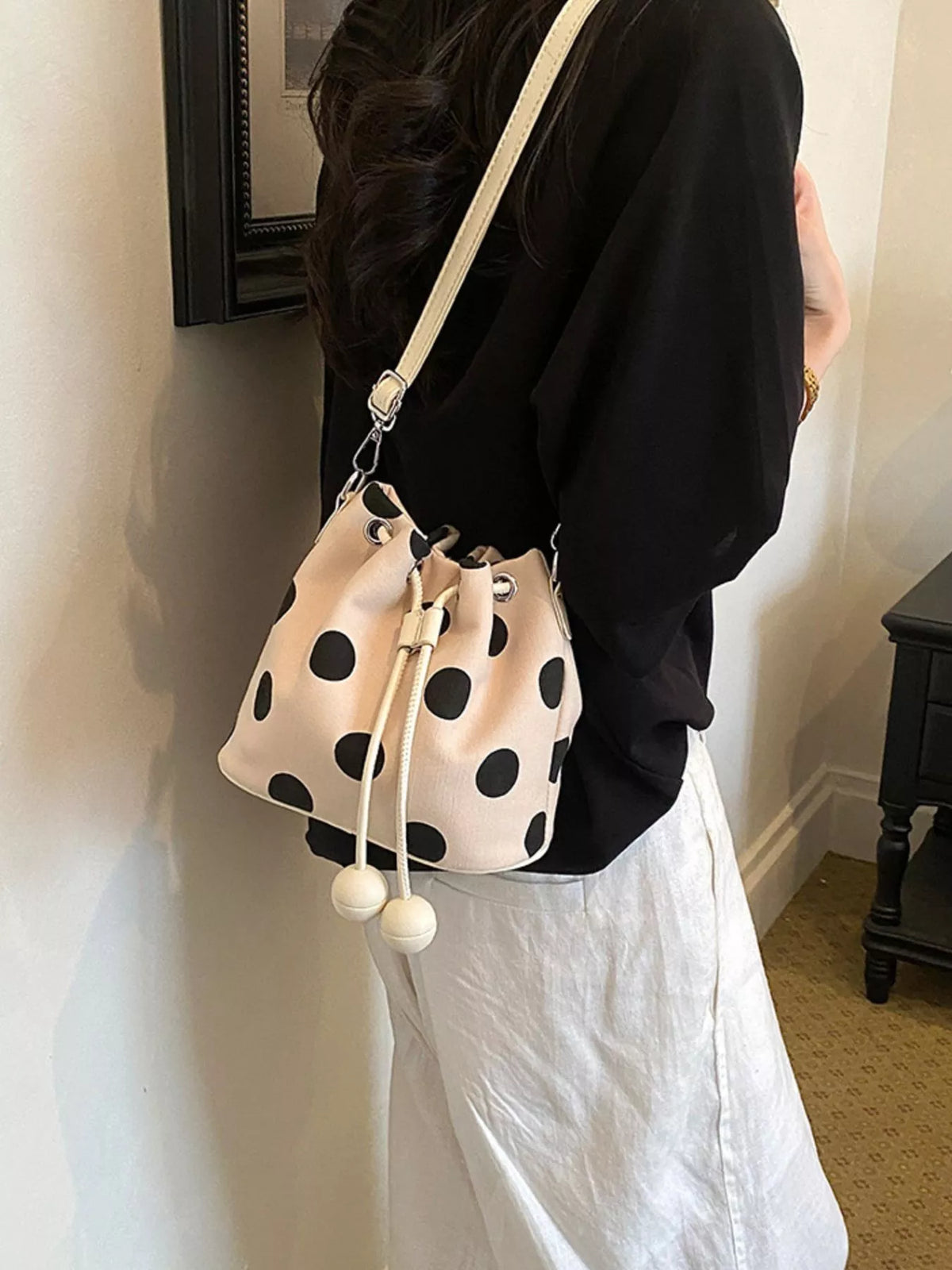 Polka Dot Drawstring Bucket Crossbody Bag