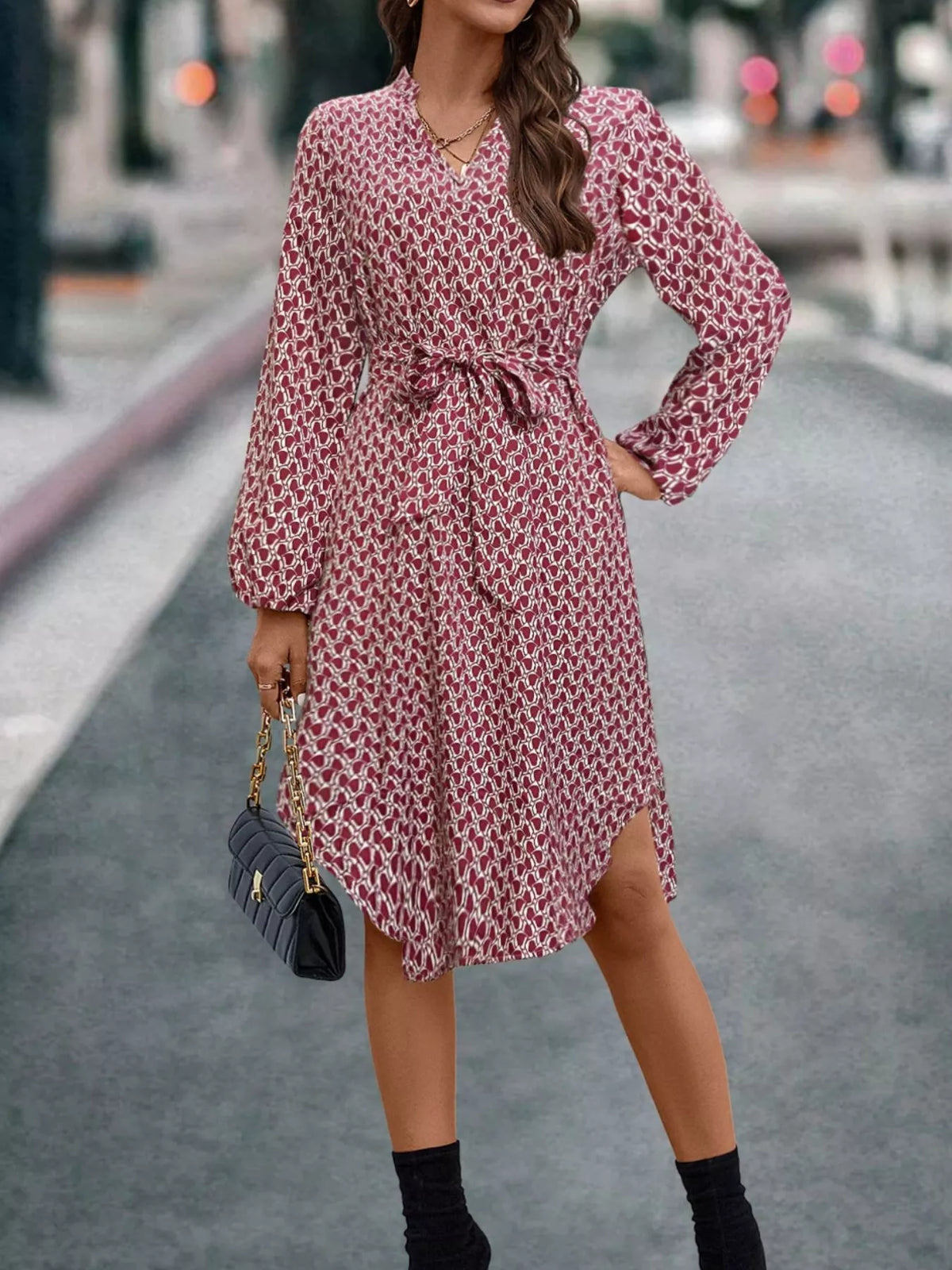 V-Neck Long Sleeve Printed Dress, view 2