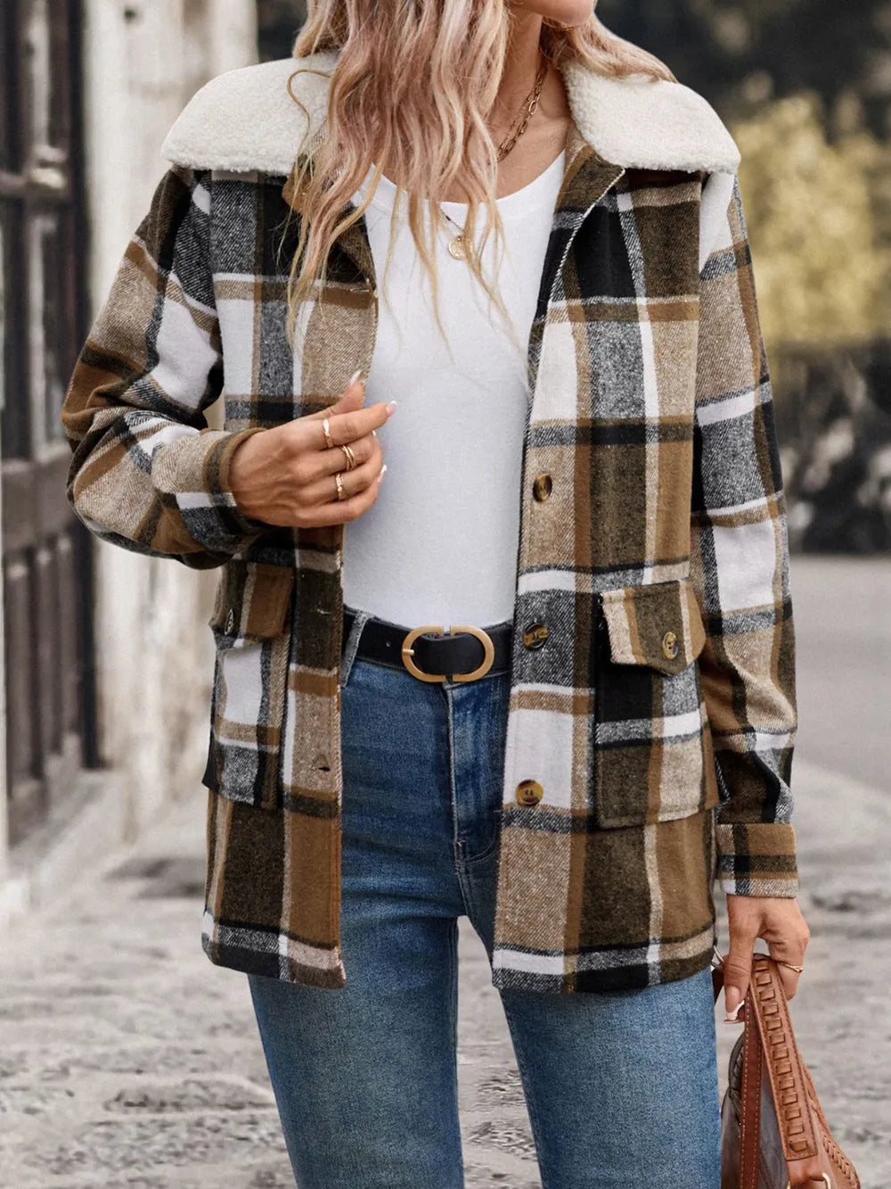 Perfee Pocketed Plaid Button Up Collared Neck Jacket in Camel, view 3