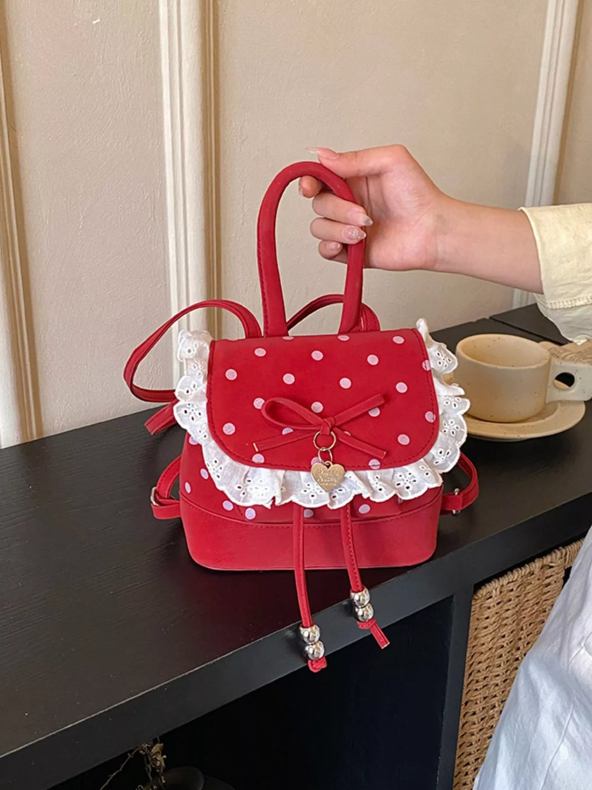 Polka Dot Lace Trim Backpack Bag - Lilixa.store