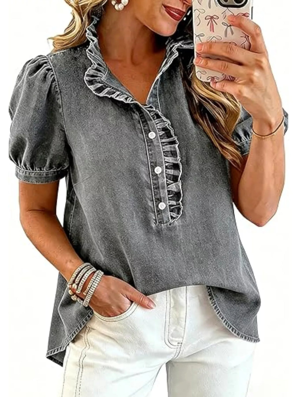 Frill Puff Sleeve Denim Top - Lilixa.store