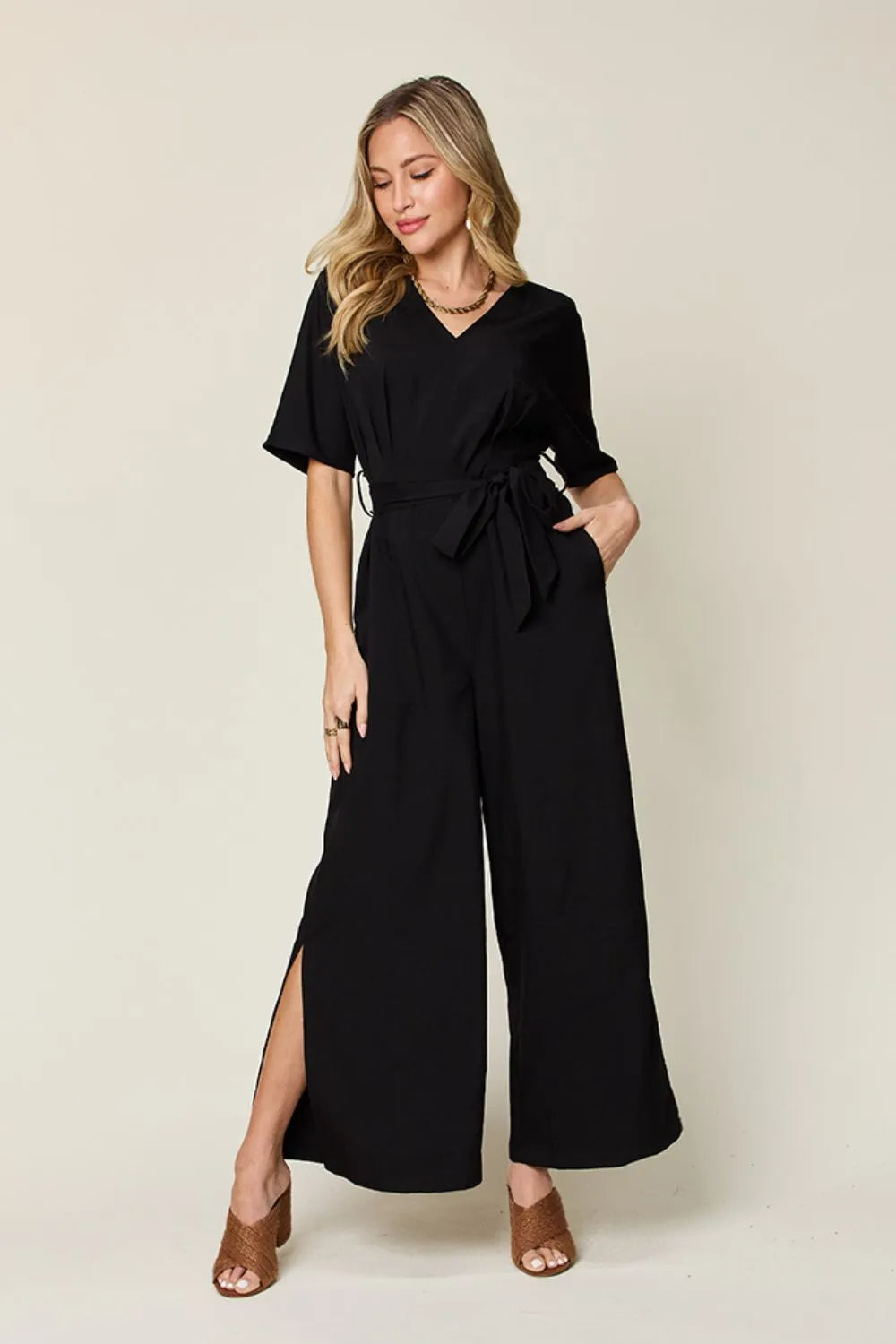 Double Take Full Size V-Neck Tied Side Slit Jumpsuit in Black