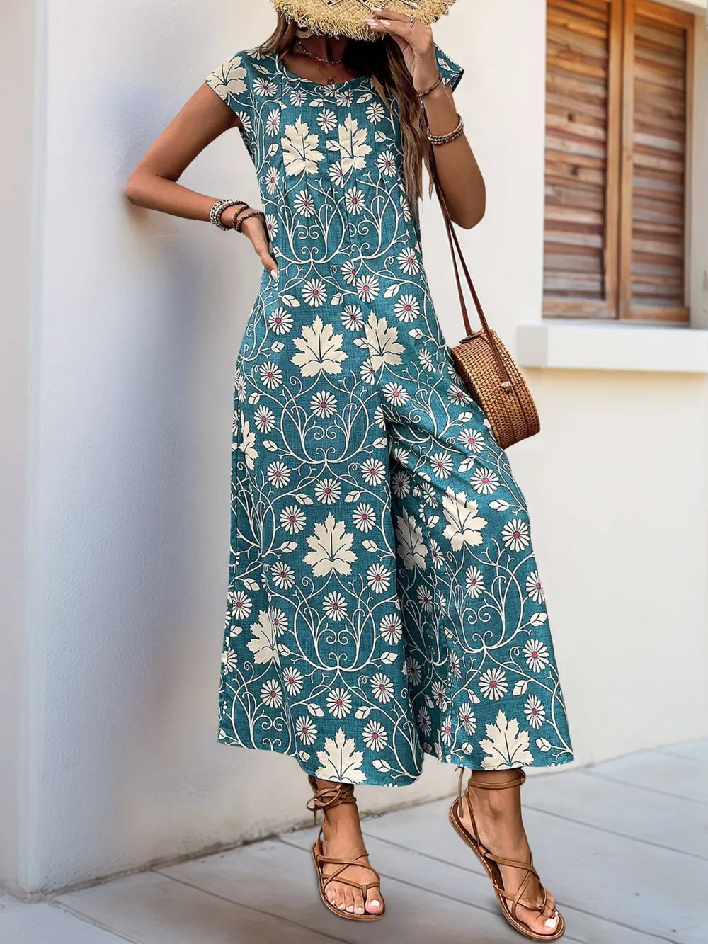 Perfee Printed Round Neck Cap Sleeve Wide Leg Jumpsuit - Lilixa.store
