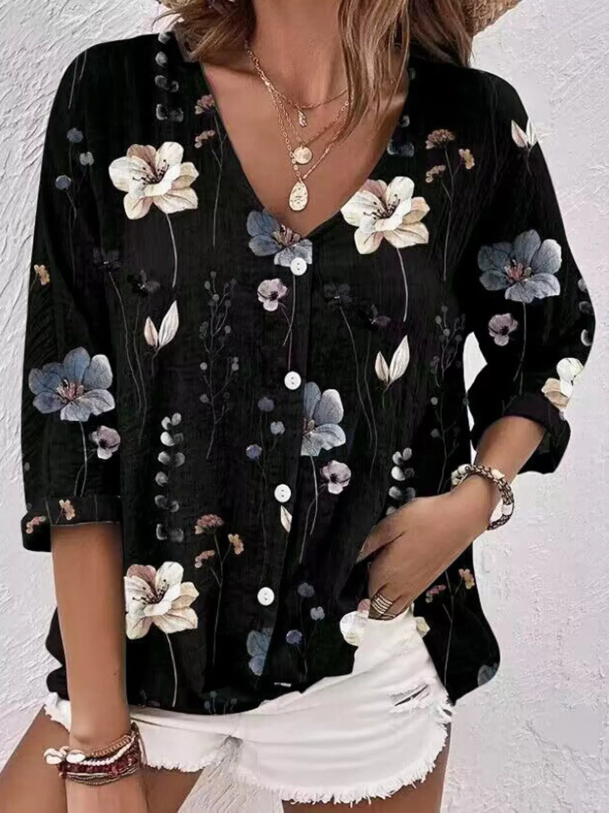 Floral Print V-Neck Button-Down Shirt - Lilixa.store