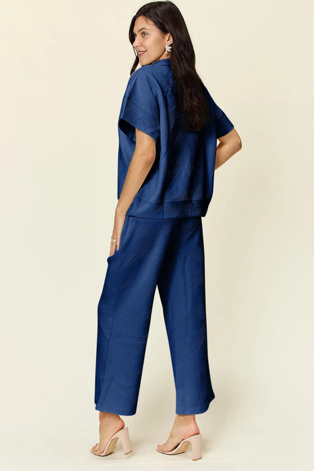 Double Take Full Size Texture Half Zip Short Sleeve Top and Pants Set, view 25
