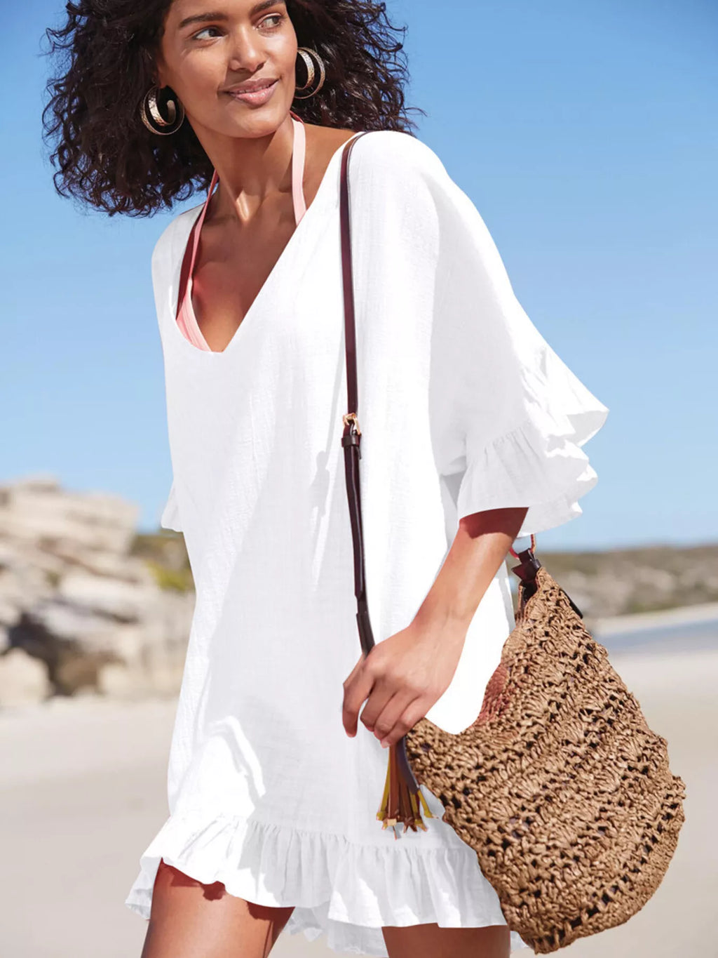 Ruffled Trim V-Neck Cover-Up Dress - Lilixa.store