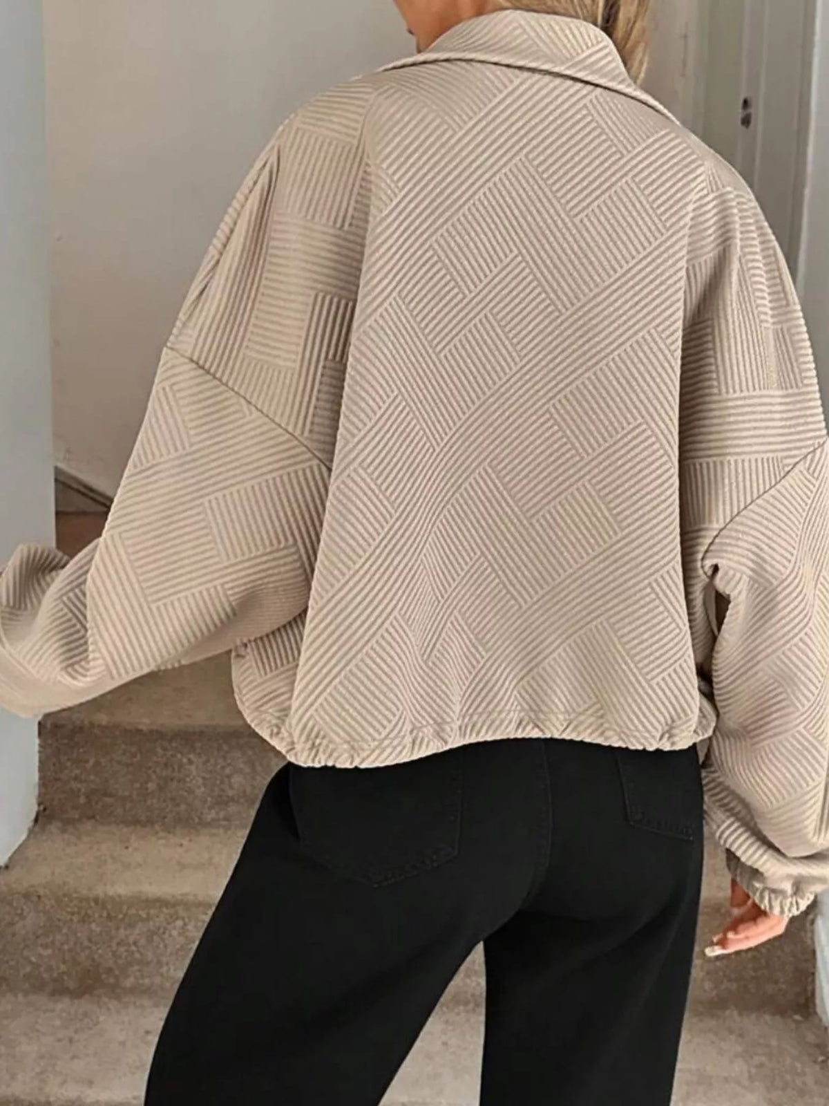 Textured Zip-Up Drawstring Hem Jacket, view 4