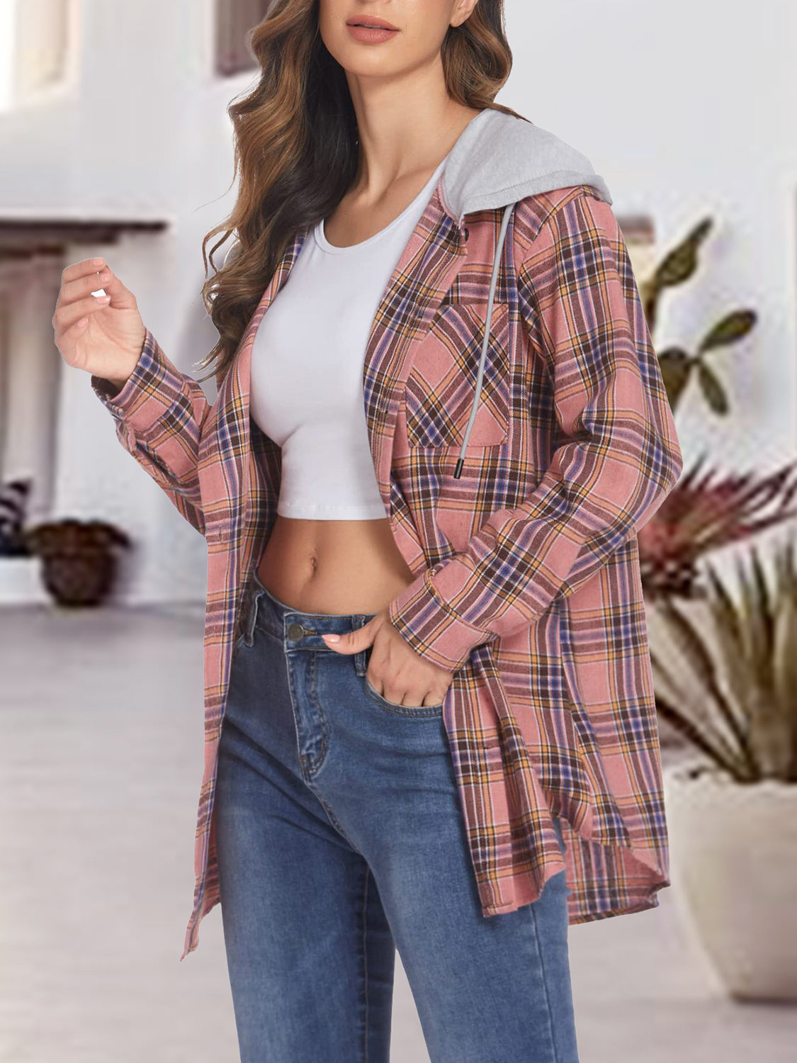Plaid Drawstring Button Up Hooded Jacket, view 9