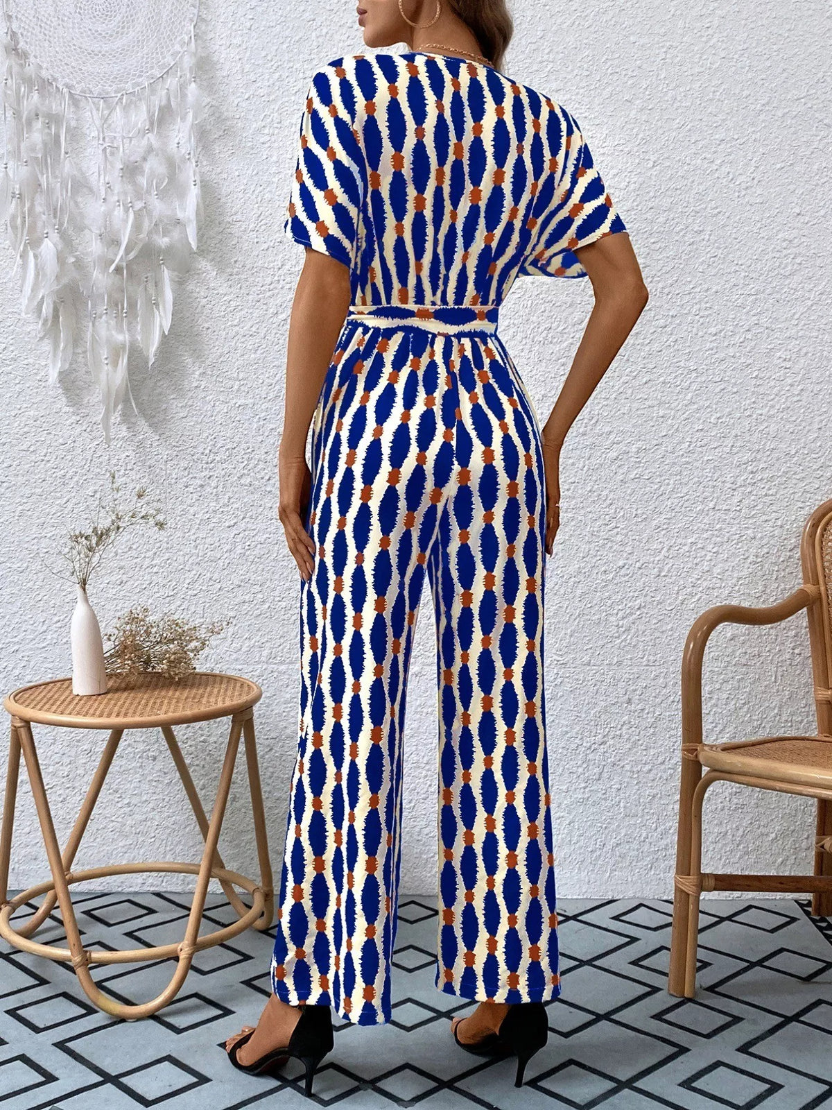 Printed Surplice Tie Waist Short Sleeve Jumpsuit - Lilixa.store