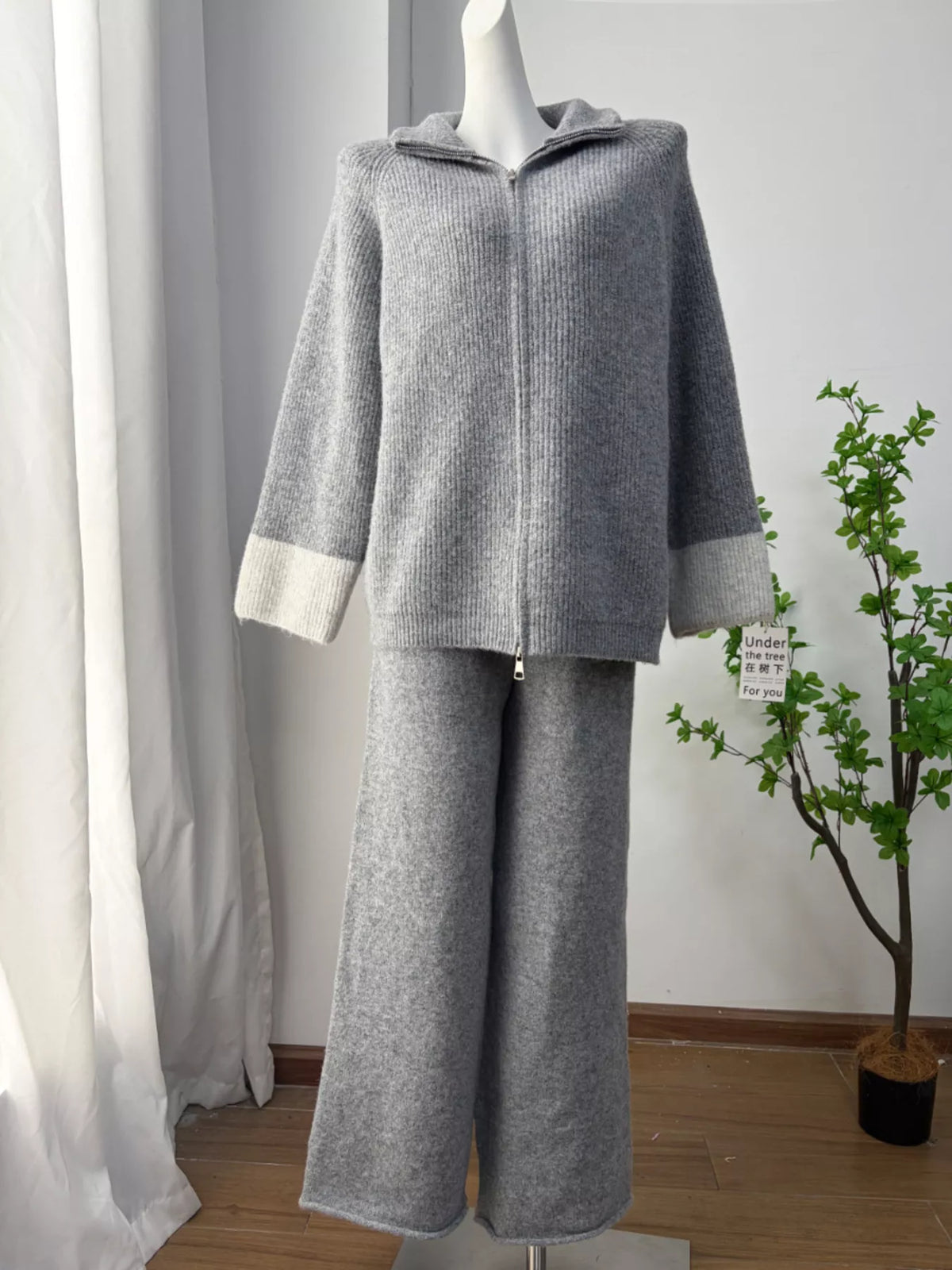 Zip-Up Contrast Cuff Cardigan and Pants Sweater Set, view 15
