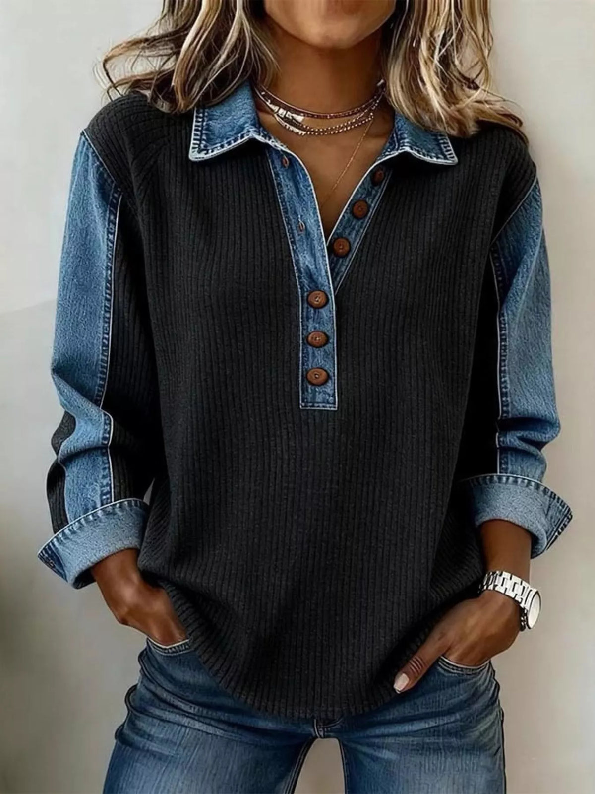 Denim Trim Button Detail Sweatshirt - Lilixa.store