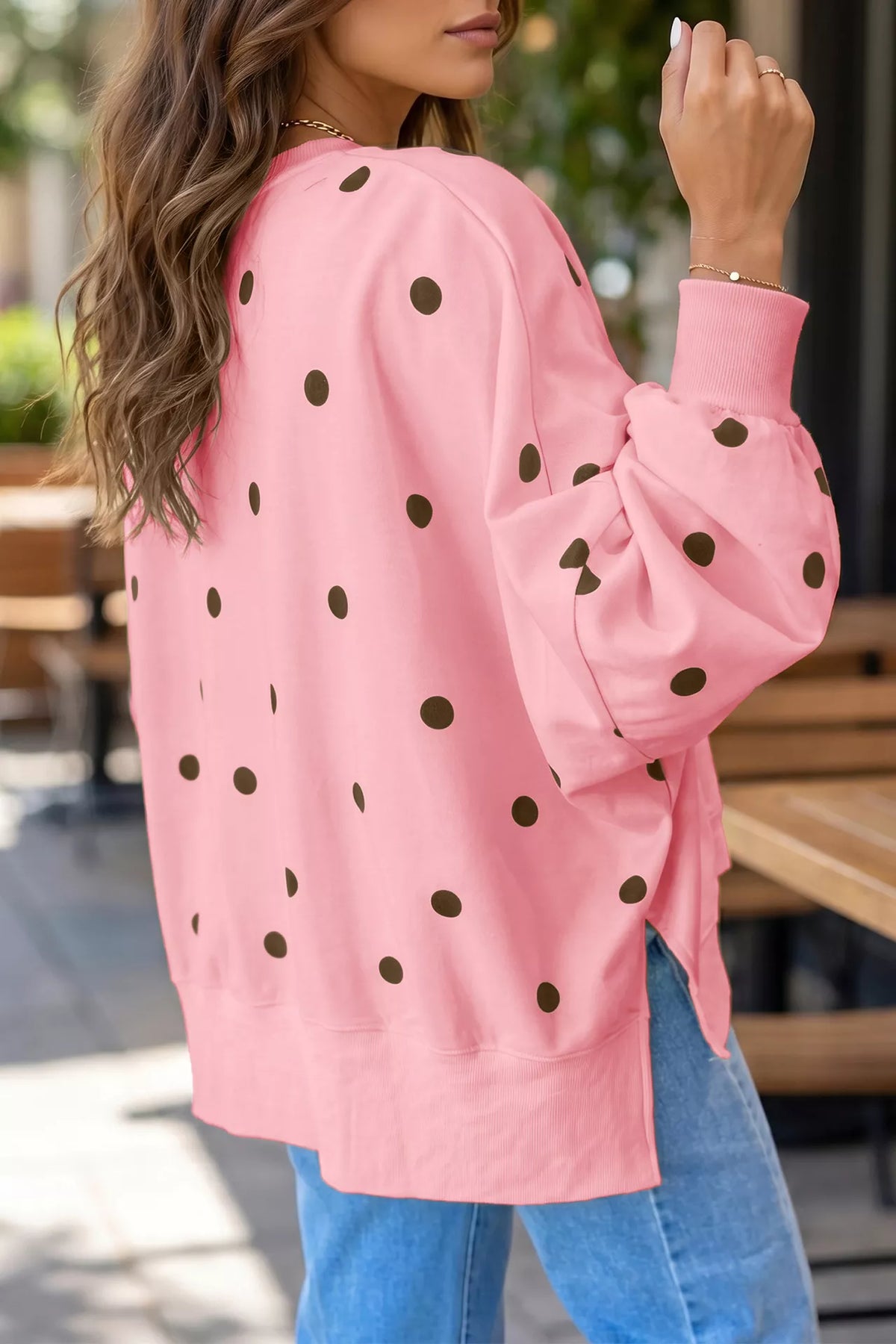 Side Slit Polka Dot Oversized Sweatshirt - Lilixa.store