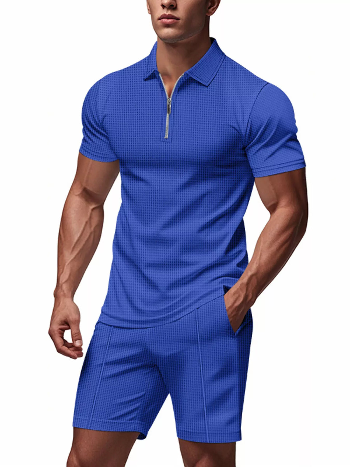 Men's Plus Size Quarter Zipper Polo Shirt and Shorts Set