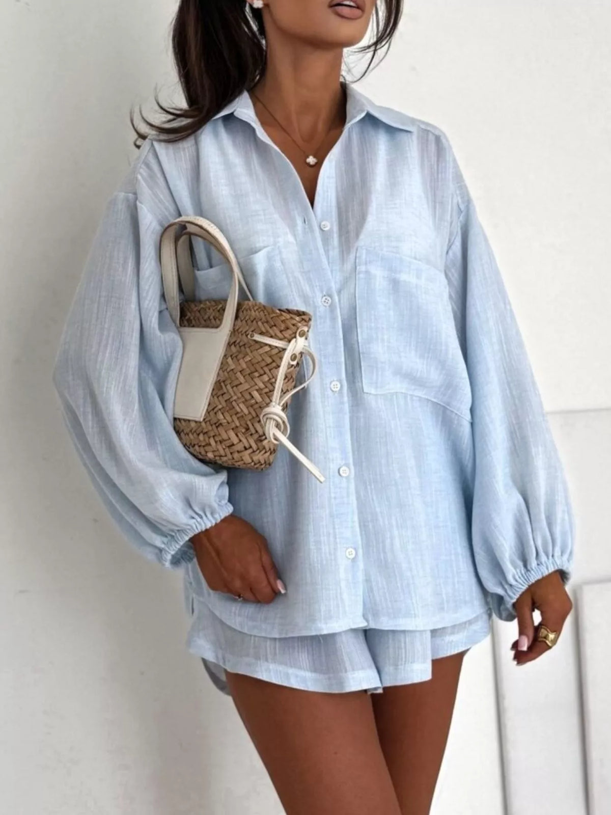 Long Sleeve Shirt and High-Waisted Shorts Set - Lilixa.store