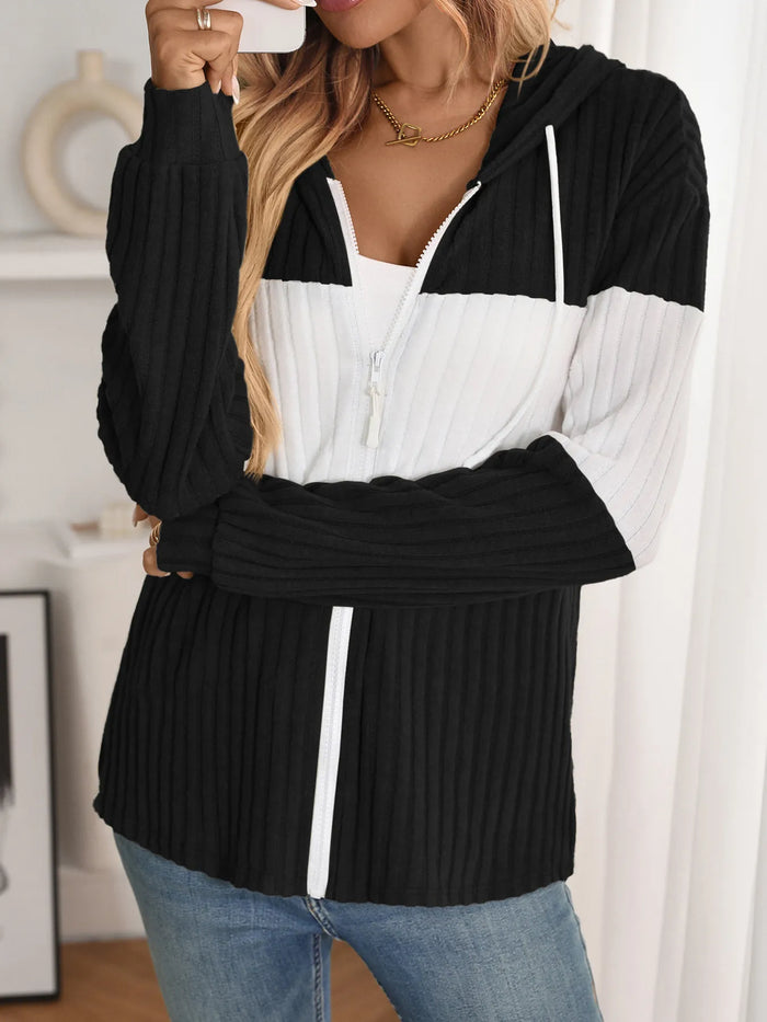 Drawstring Color Block Zip Up Outerwear - Lilixa.store