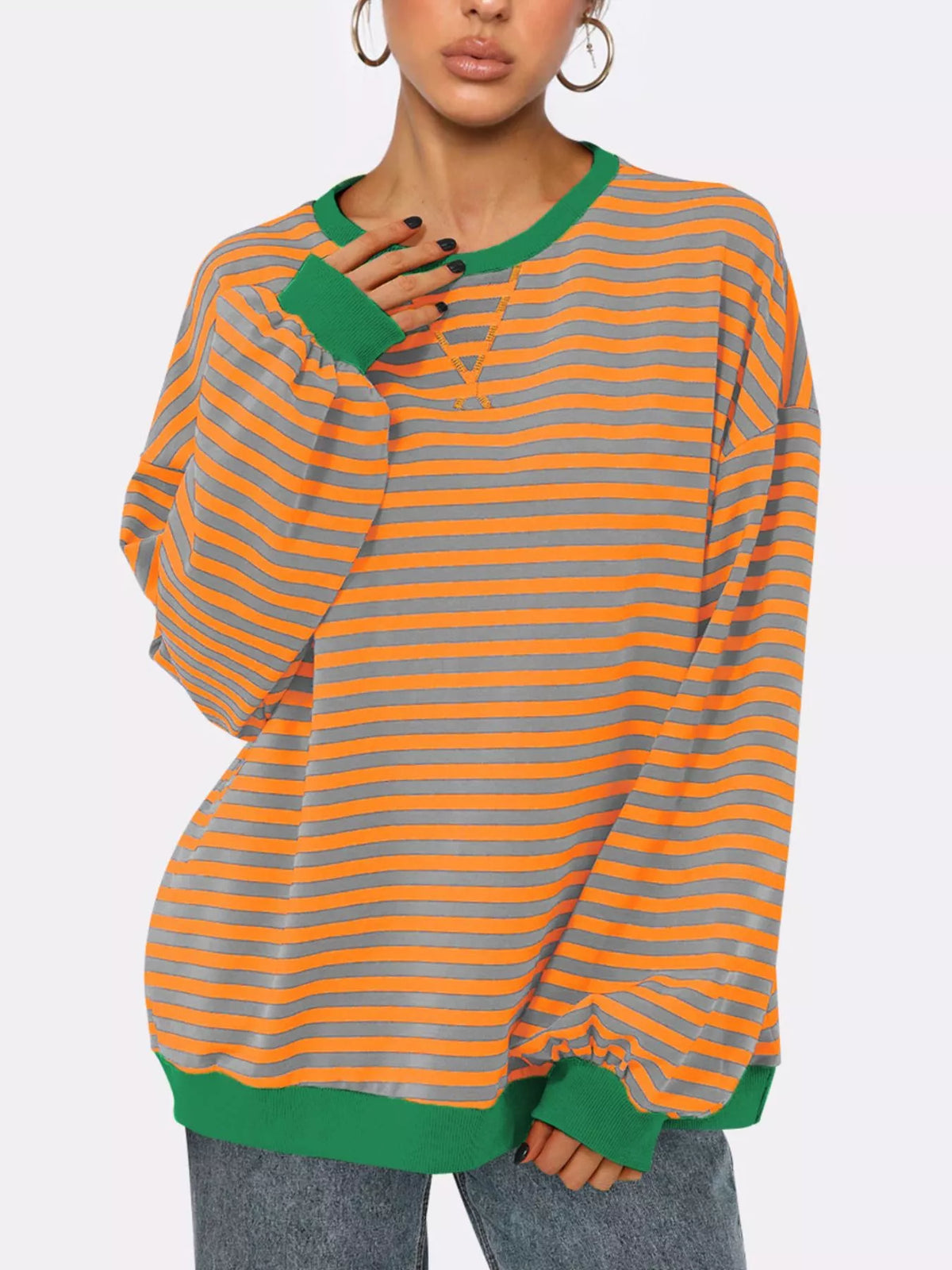 Striped Round Neck Long Sleeve Sweatshirt - Lilixa.store