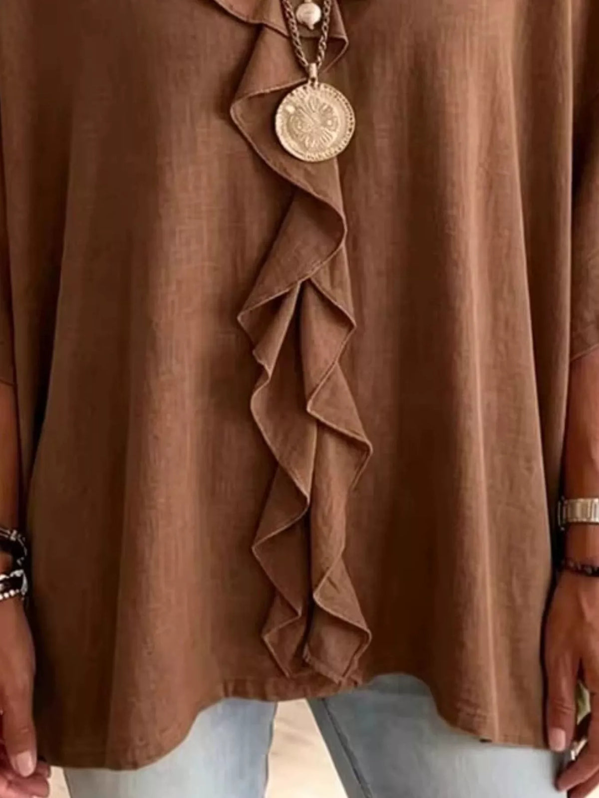 Full Size Ruffled V-Neck 3/4 Sleeve Blouse Plus Size, view 10