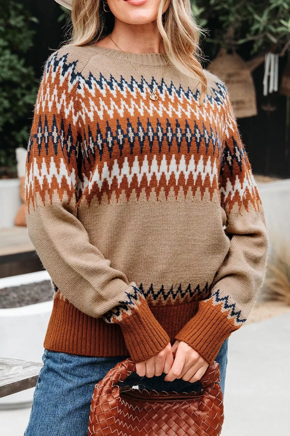 Geometric Pattern Long Sleeve Sweater - Lilixa.store
