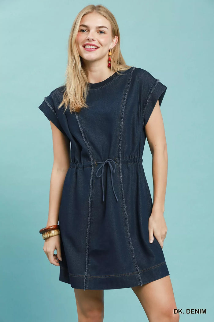 Umgee Drawstring Waist Frayed Denim Mini Dress - Lilixa.store