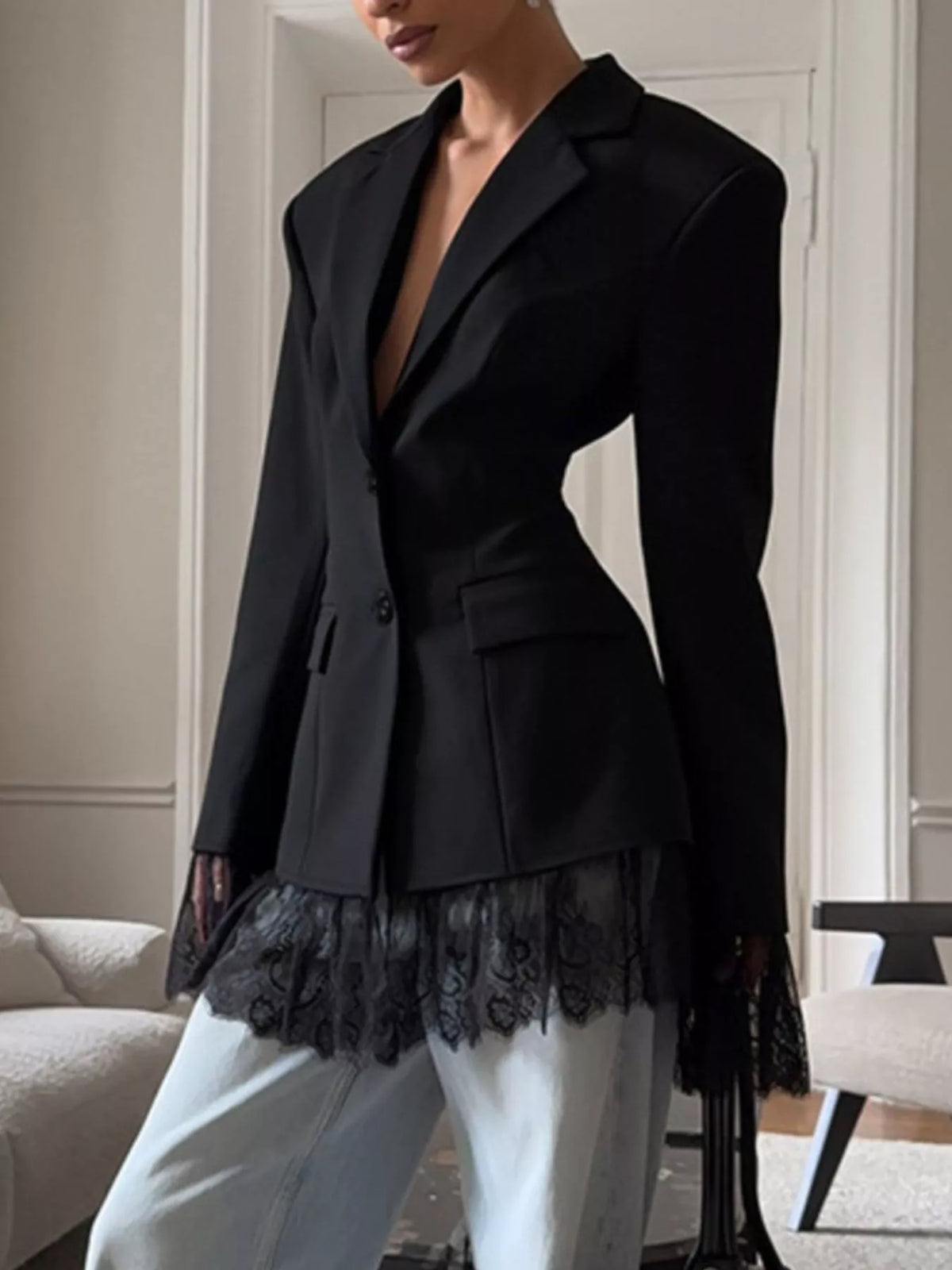 Lace Hem Button Down Blazer - Lilixa.store