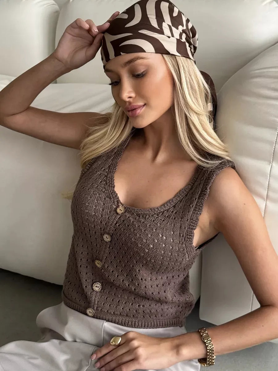 Crochet Decor Button Eyelet Knit Vest, view 8