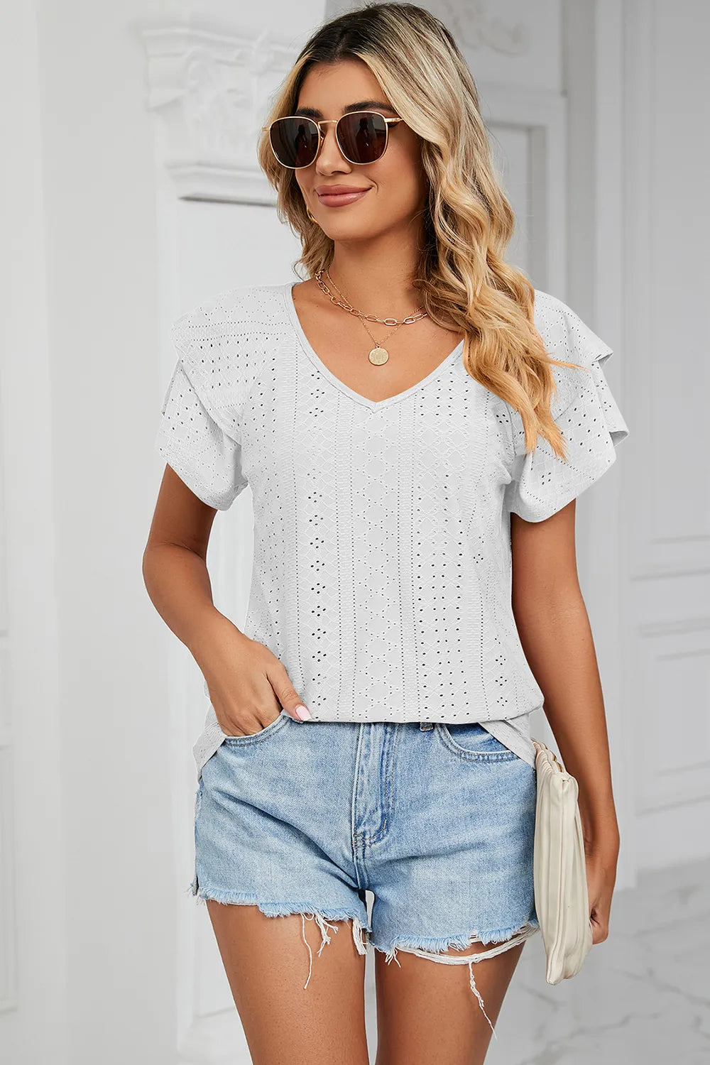 Eyelet V-Neck Short Sleeve T-Shirt - Lilixa.store
