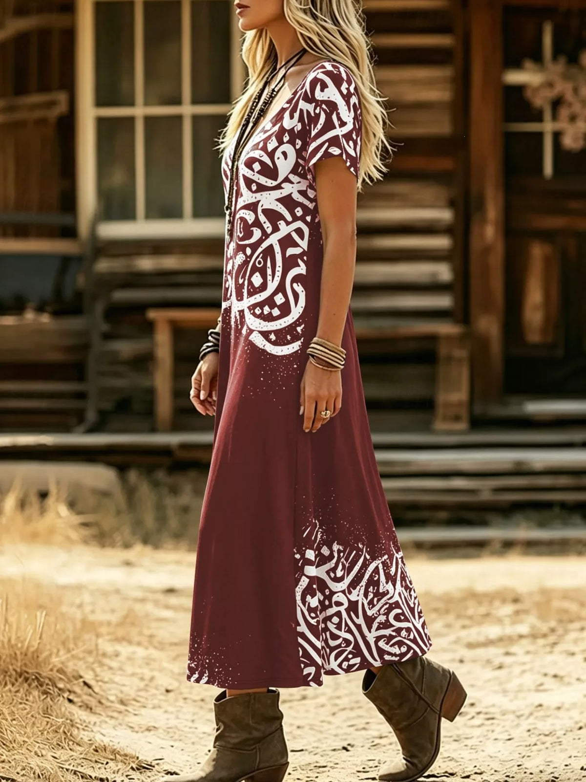 Printed Short Sleeve Midi Dress - Lilixa.store
