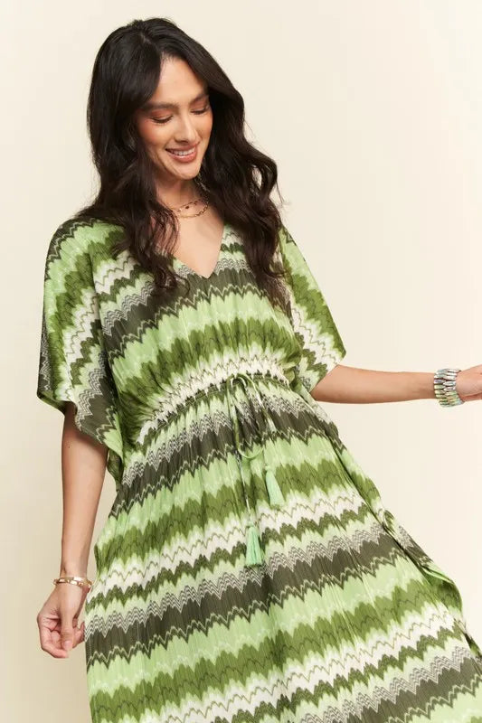 Davi & Dani Multi Color Wavy Tie Waist Flowy Sleeve Dress - Lilixa.store