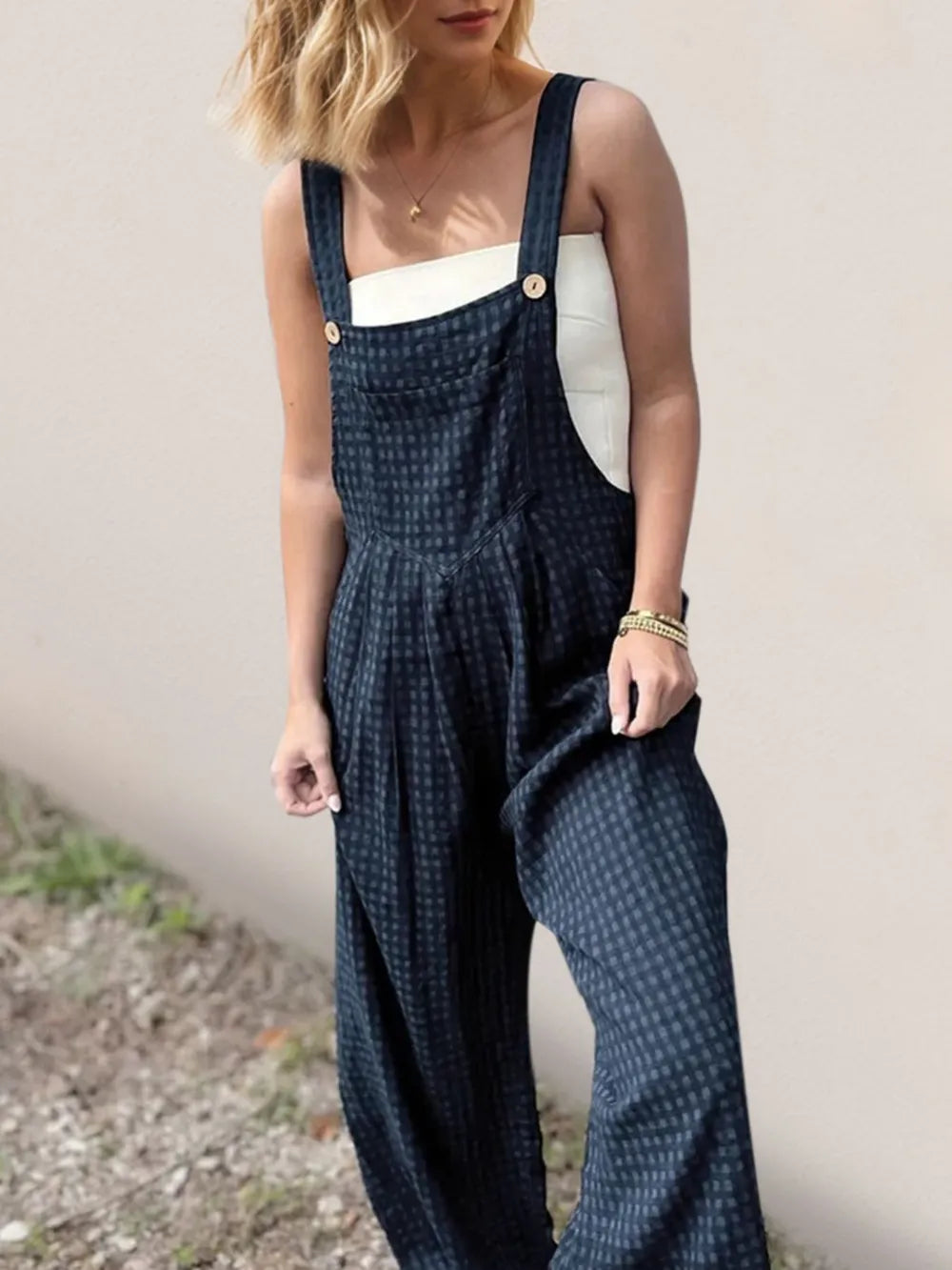 Oh Full Size Plaid Wide Leg Overalls with Pockets in Peacock Blue, view 2
